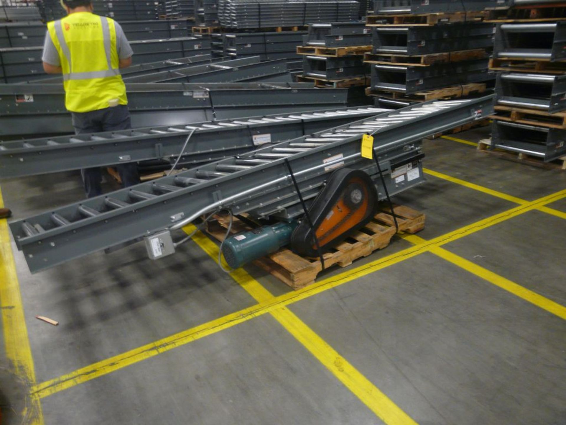 Lot of (2) 200 Belt Center Drive Conveyors - 12'L x 25"W; Includes:; Baldor 1.5 HP Pulley Motor