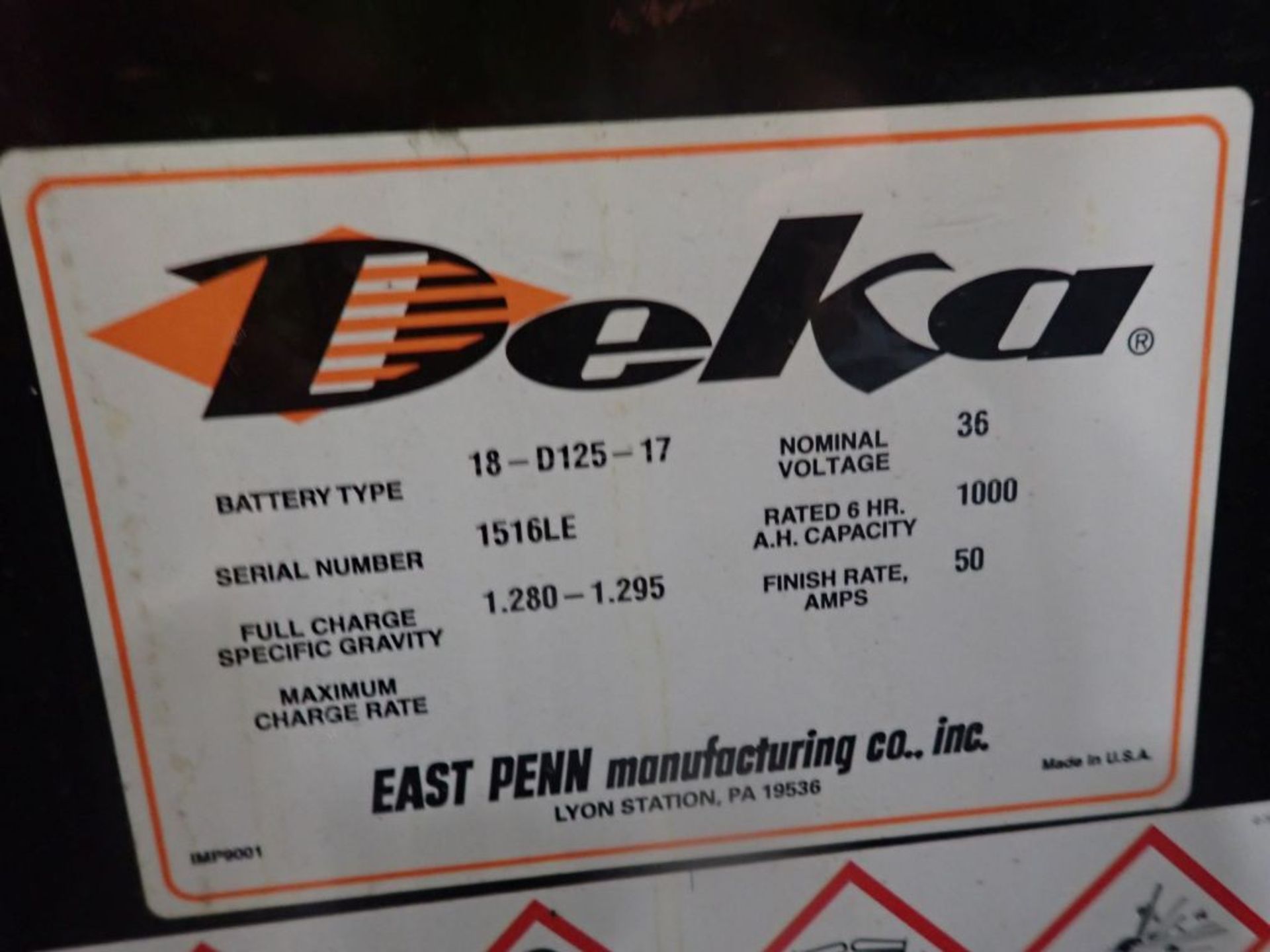 Deka 36V Forklift Battery - 36V; Type 18-D125-17; Tag: 218351; Lot Loading Fee: $30 - Image 3 of 3