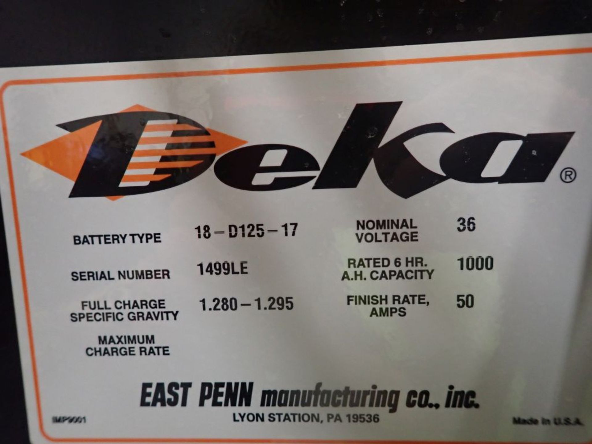 Deka 36V Forklift Battery - 36V; Type 18-D125-17; Tag: 218332; Lot Loading Fee: $30 - Image 4 of 4