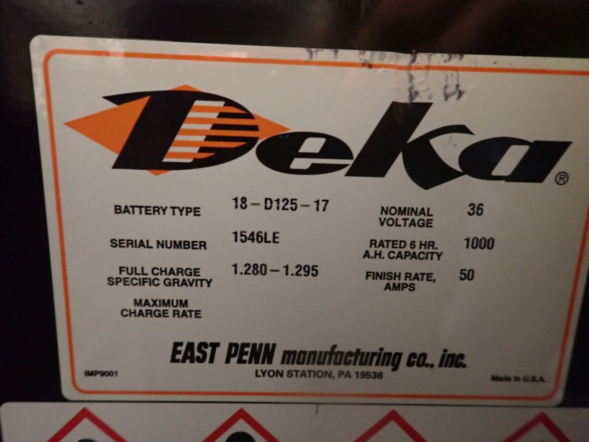 Deka 36V Forklift Battery - 36V; Type 18-D125-17; Tag: 218361; Lot Loading Fee: $30 - Image 3 of 4