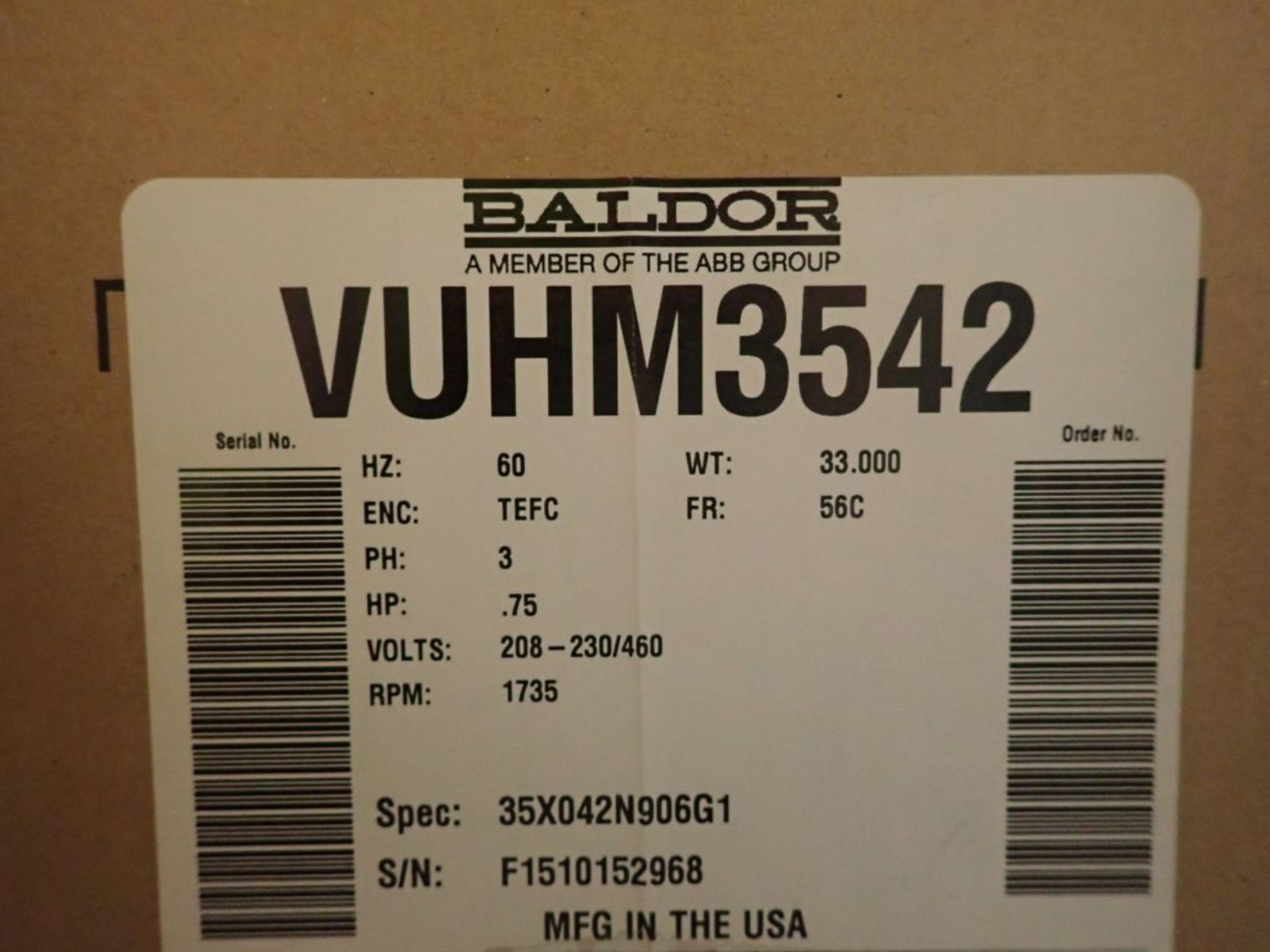 Lot of (3) Baldor 3/4 HP Motors - Part No. VUHM3542; 3/4 HP; 230/460V; 1735 RPM; Frame: 56C; 3PH; - Image 9 of 15