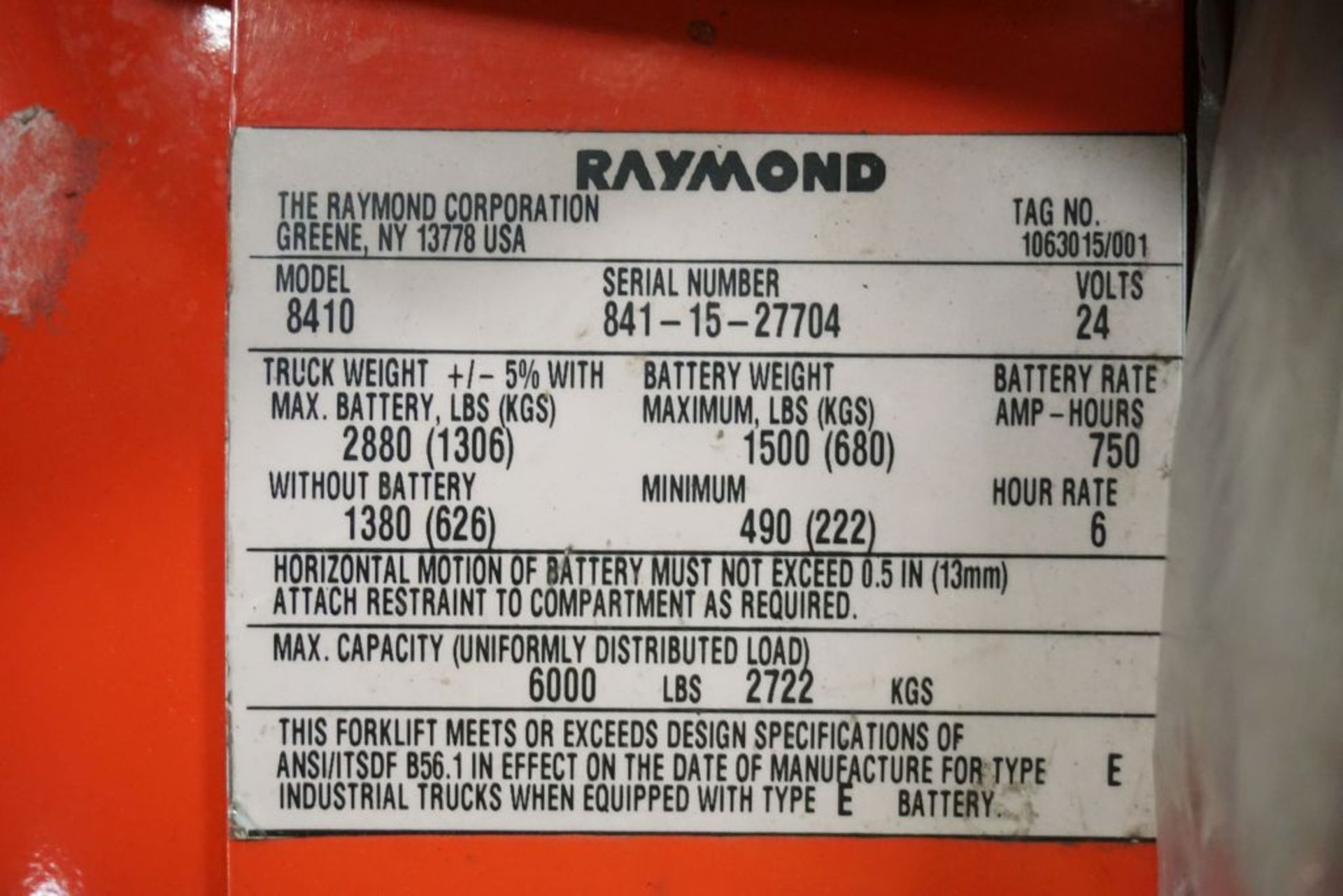 Raymond 8410 Walkie Rider Electric Pallet Truck - Model No. 8410; Serial No. 841-15-27704; 24V; 6, - Image 7 of 8