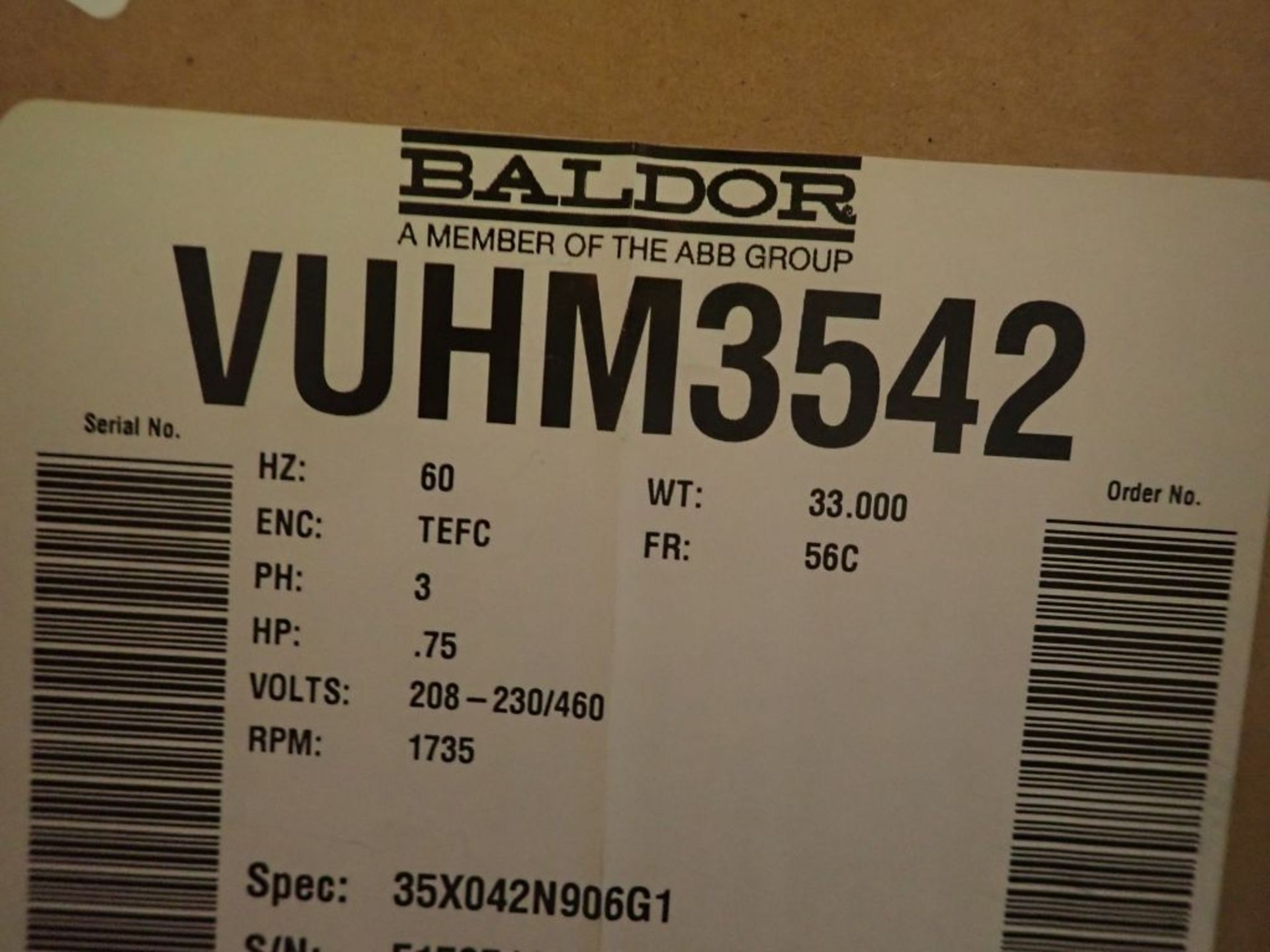 Lot of (3) Baldor 3/4 HP Motors - Part No. VUHM3542; 3/4 HP; 230/460V; 1735 RPM; Frame: 56C; 3PH; - Image 7 of 15