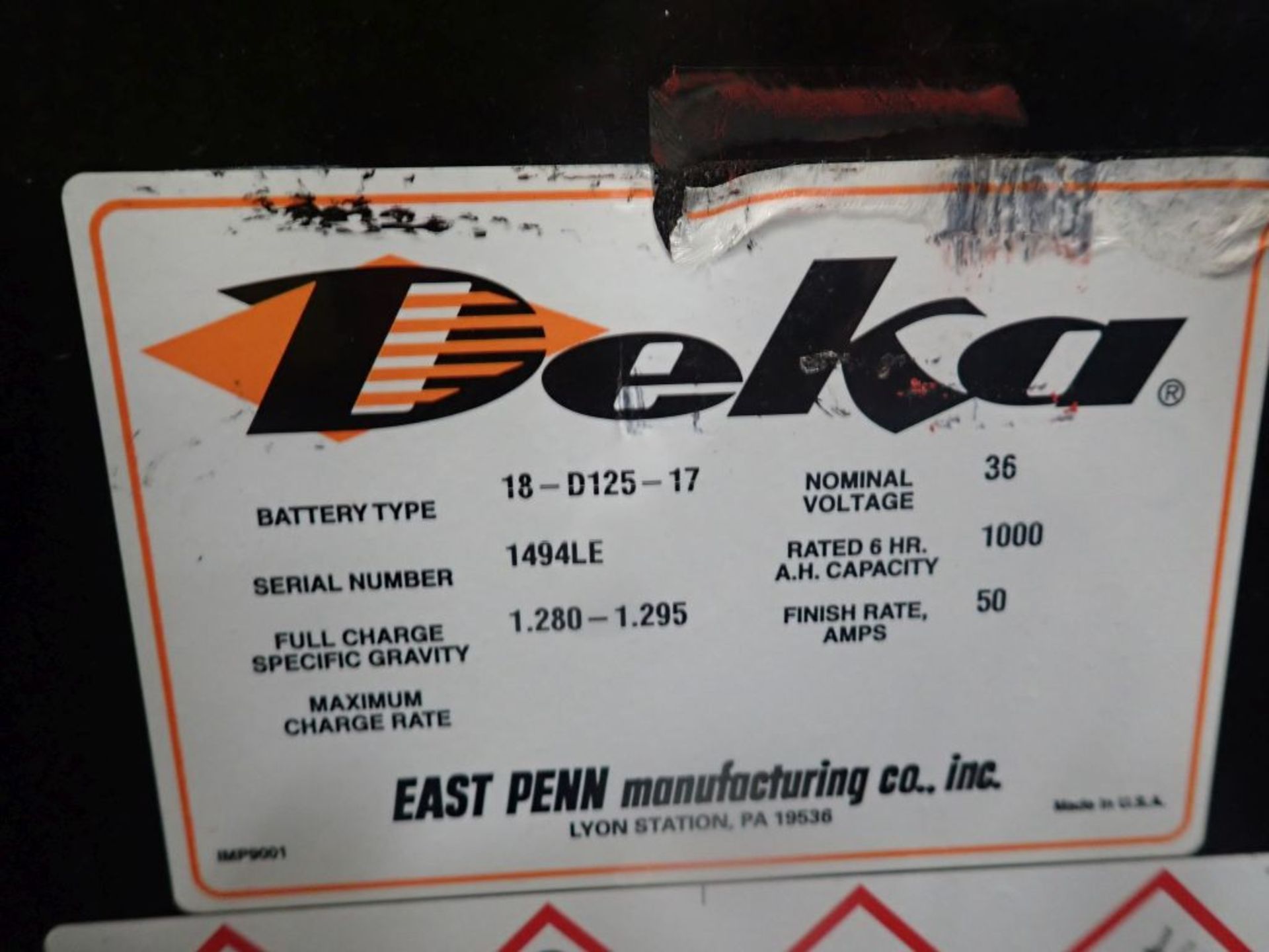 Deka 36V Forklift Battery - 36V; Type 18-D125-17; Tag: 221268; Lot Loading Fee: $30 - Image 3 of 3