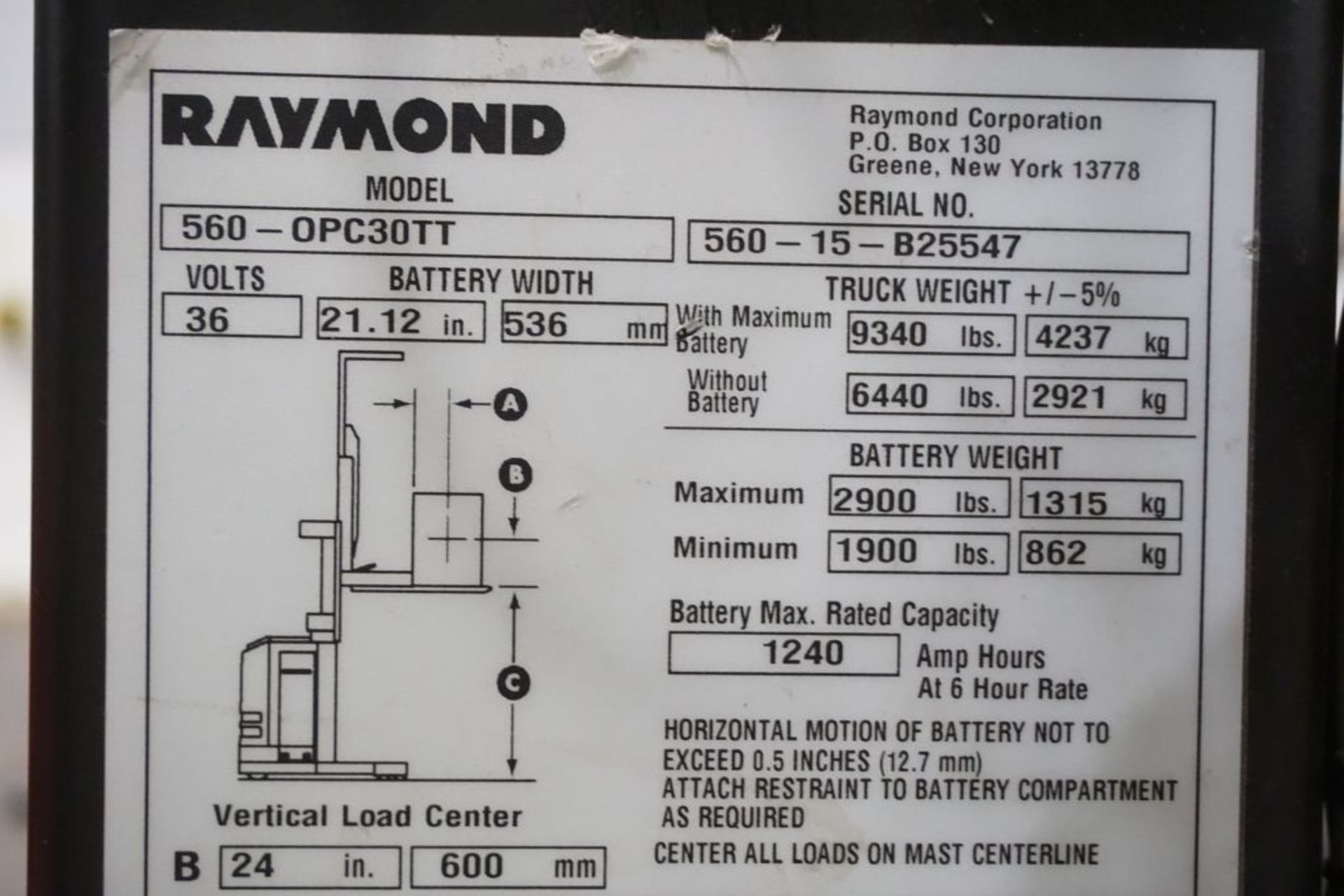 Raymond 5600 Order Picker Forklift - Model No. 560-OPC30TT; Serial No. 560-15-B25547; 36V; 3,000 - Image 16 of 21