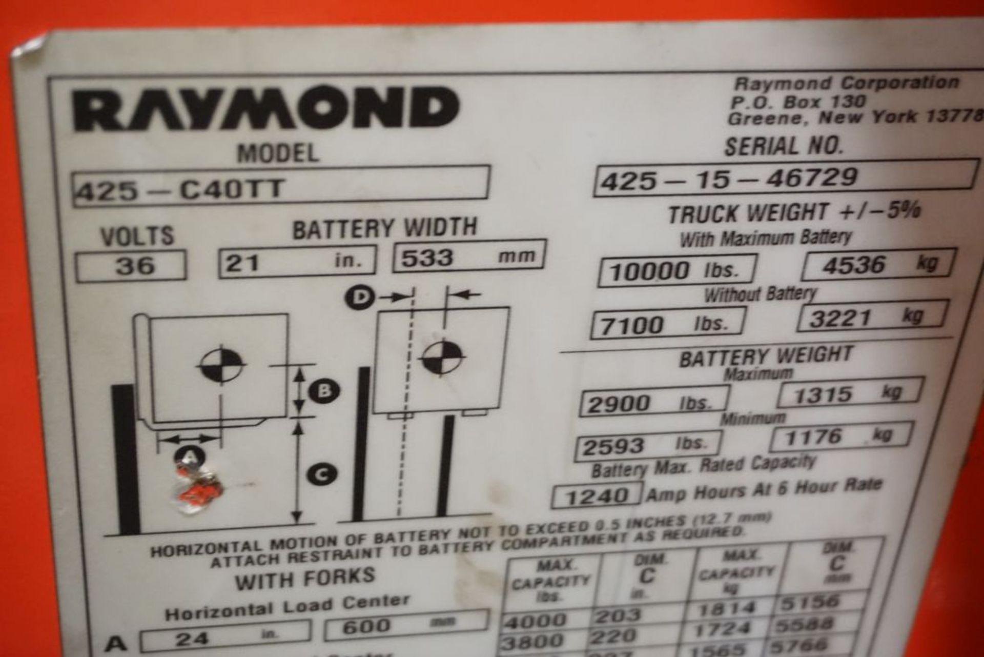 Raymond 425 C40TT Docker Stand Up Electric Forklift - Model No. 425-C40TT; Serial No. 425-15- - Image 15 of 21