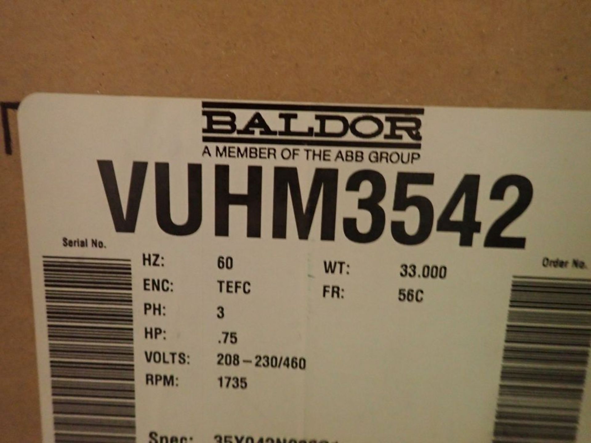 Lot of (3) Baldor 3/4 HP Motors - Part No. VUHM3542; 3/4 HP; 230/460V; 1735 RPM; Frame: 56C; 3PH; - Image 5 of 15
