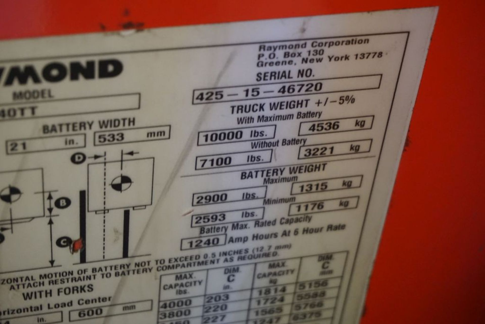 Raymond 425 C40TT Docker Stand Up Electric Forklift - Model No. 425-C40TT; Serial No. 425-15- - Image 16 of 22