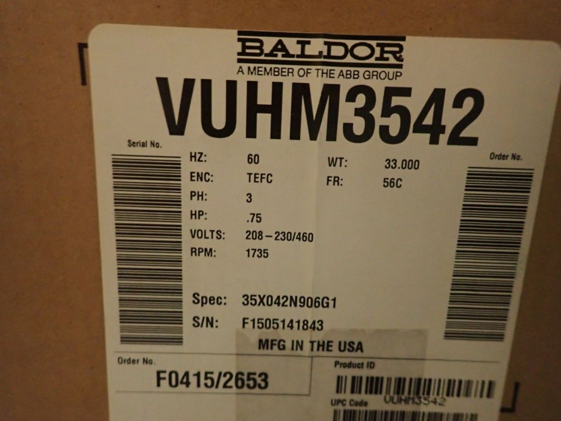 Lot of (3) Baldor 3/4 HP Motors - Part No. VUHM3542; 3/4 HP; 230/460V; 1735 RPM; Frame: 56C; 3PH; - Image 13 of 15