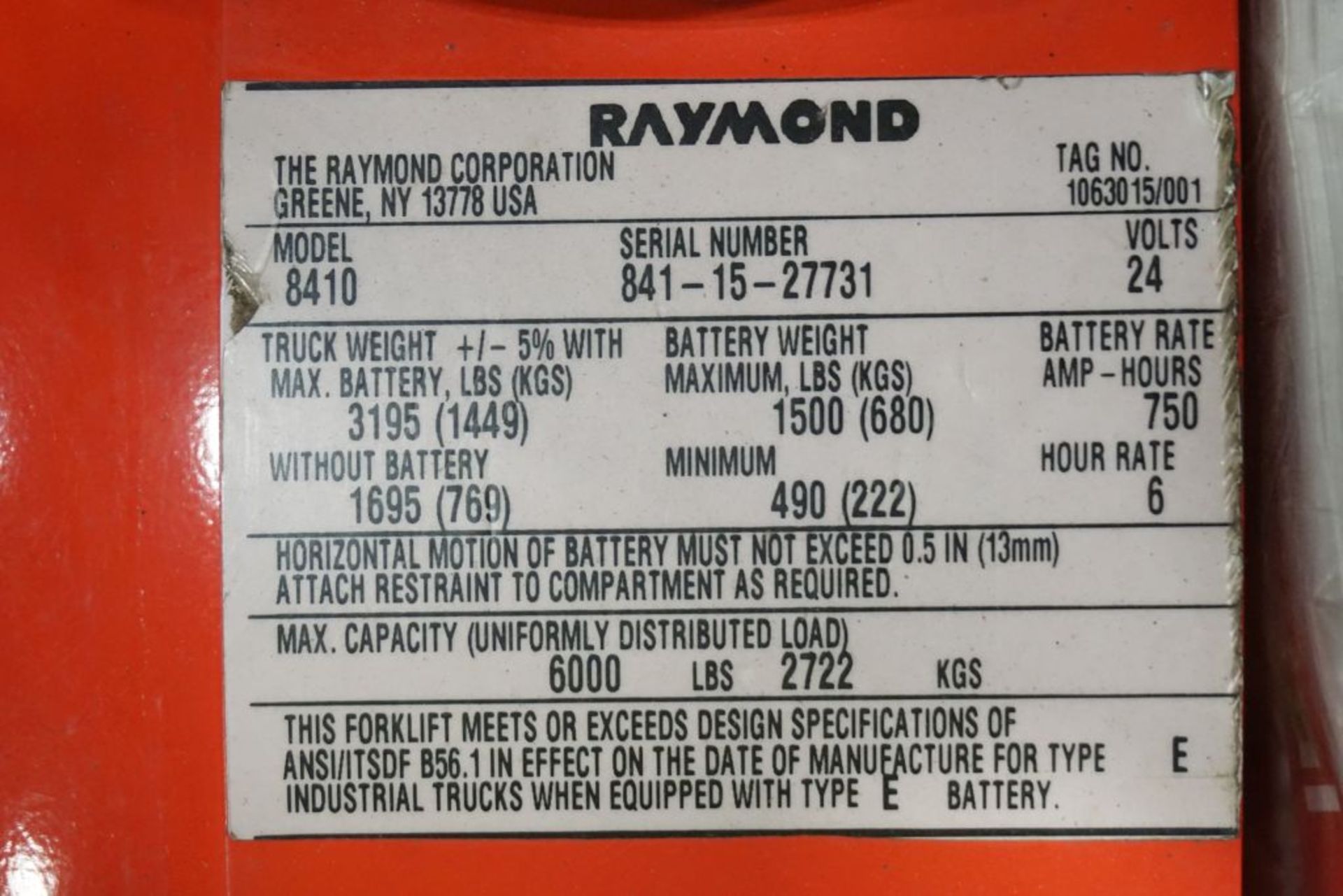 Raymond 8410 Walkie Rider Electric Pallet Truck - Model No. 8410; Serial No. 841-15-27731; 24V; 6, - Image 11 of 12