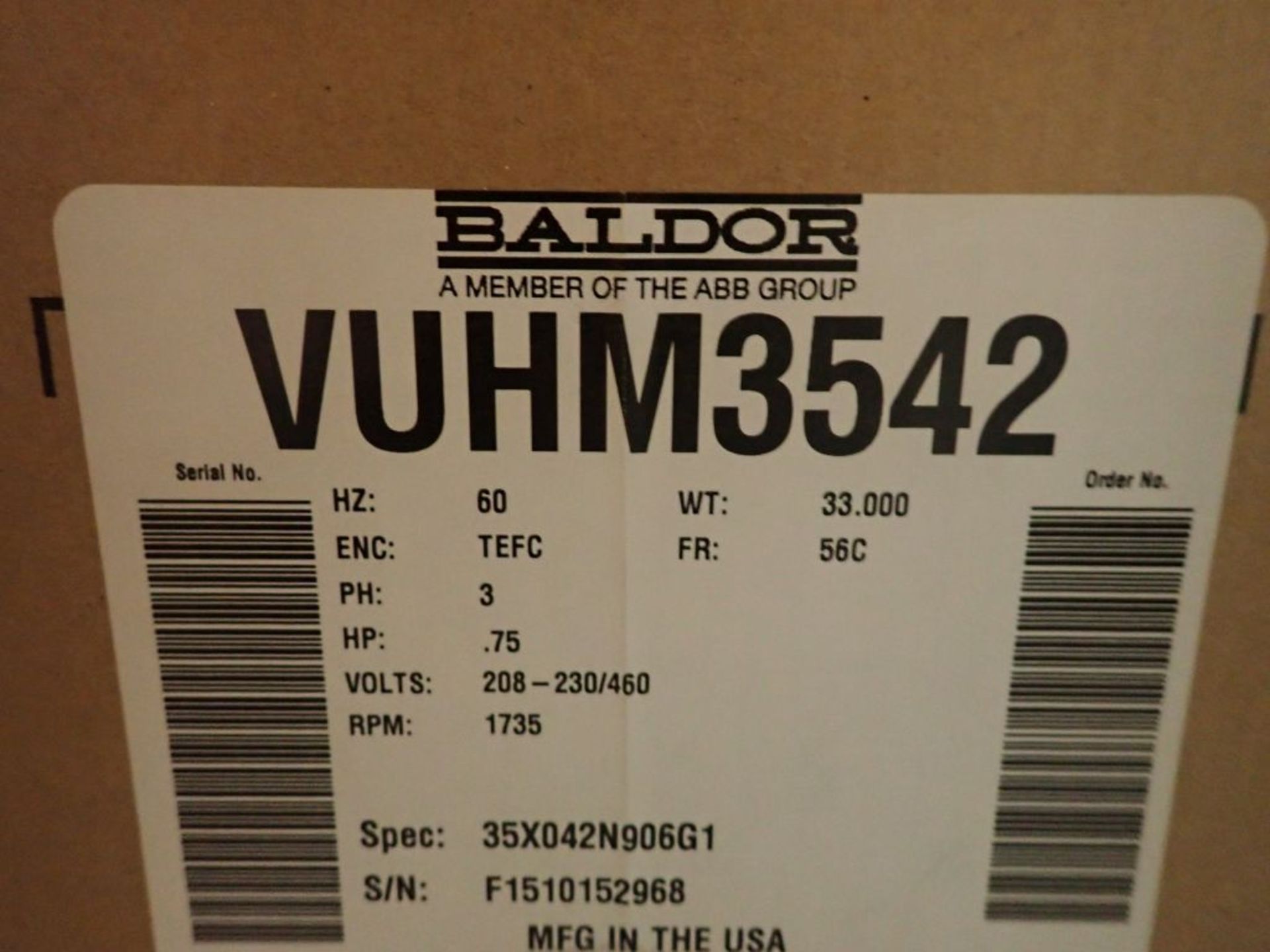 Lot of (3) Baldor 3/4 HP Motors - Part No. VUHM3542; 3/4 HP; 230/460V; 1735 RPM; Frame: 56C; 3PH; - Image 11 of 15