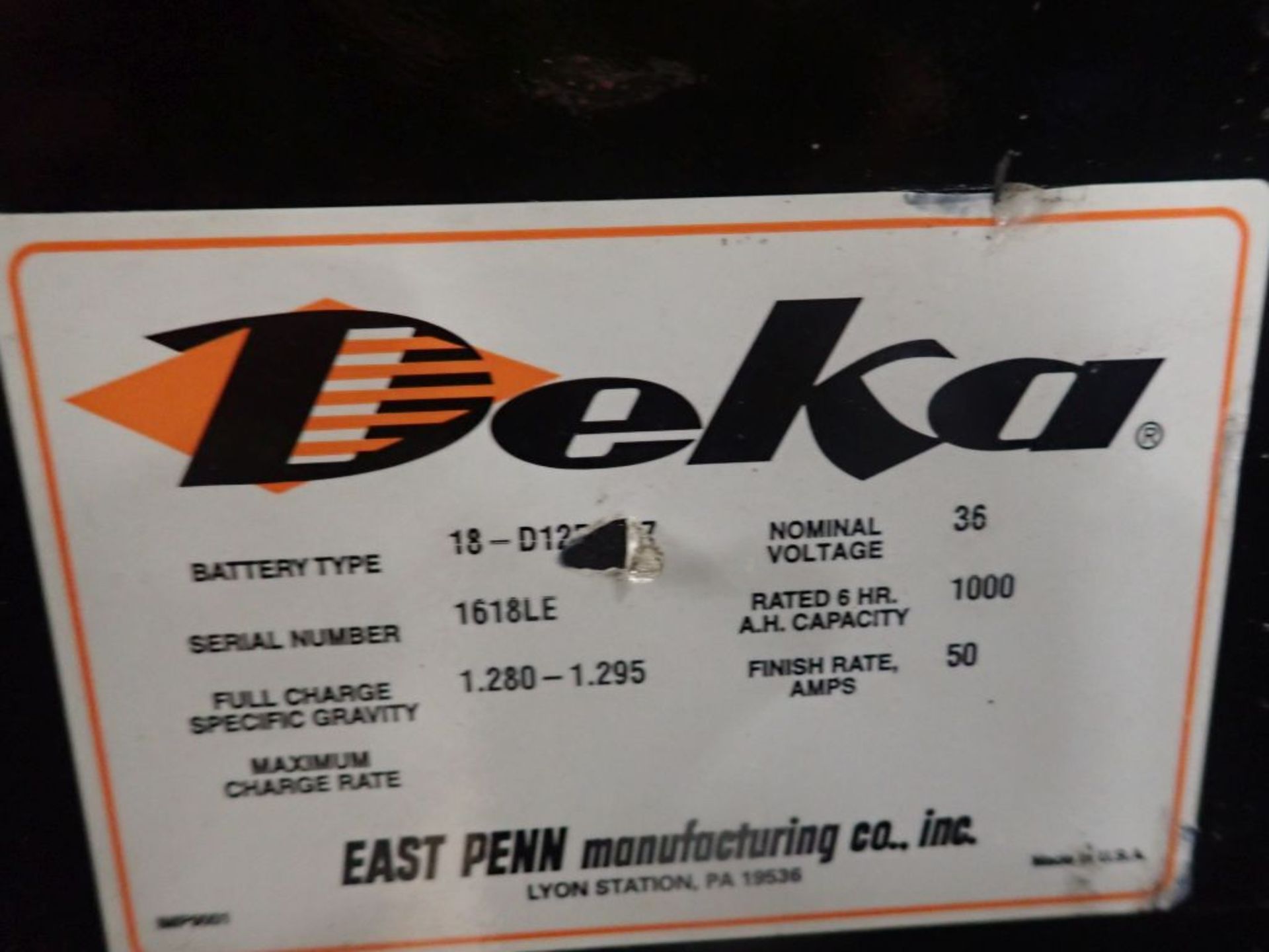 Deka 36V Forklift Battery - 36V; Type 18-D125-17; Tag: 218346; Lot Loading Fee: $30 - Image 3 of 3