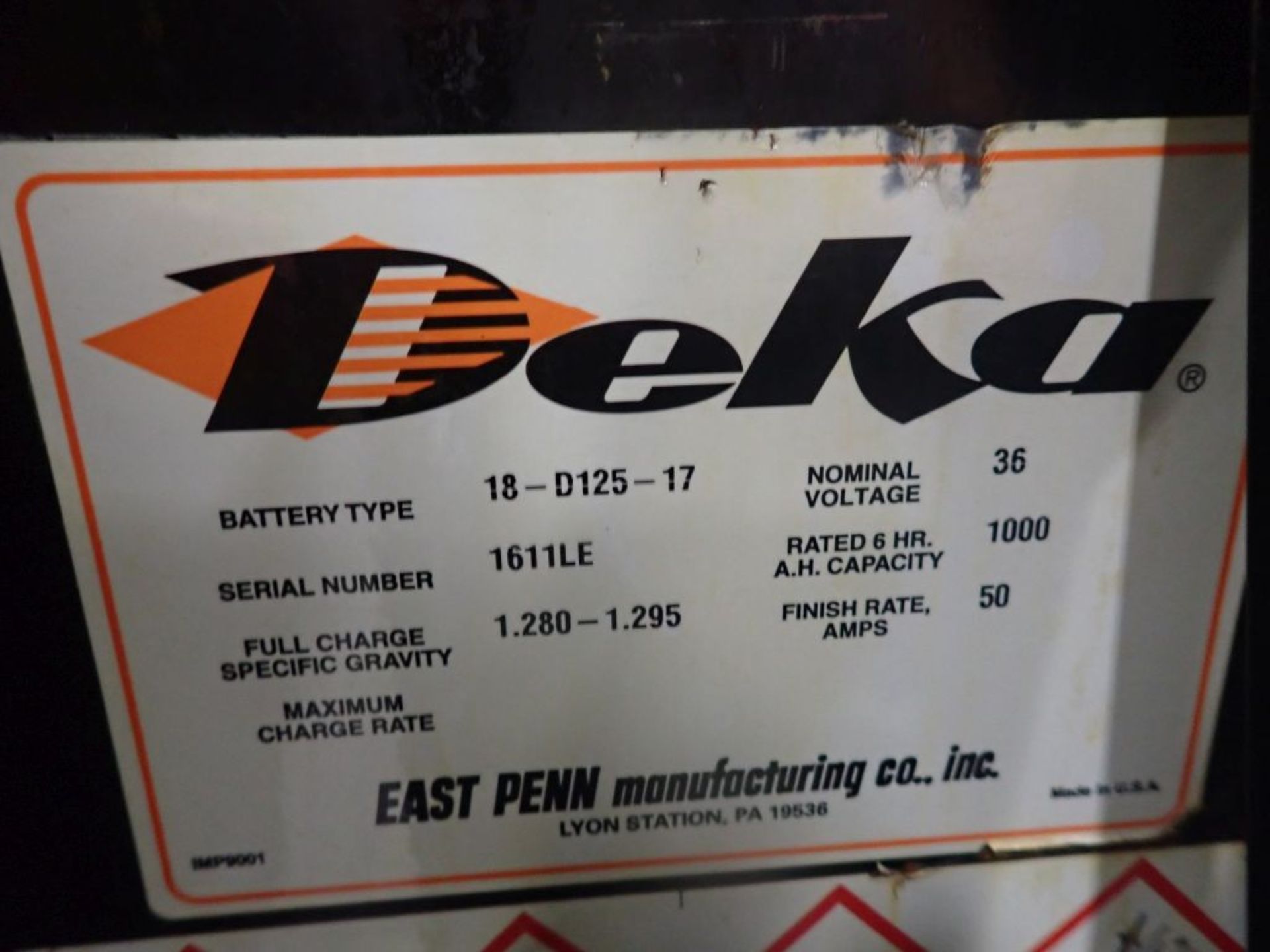 Deka 36V Forklift Battery - 36V; Type 18-D125-17; Tag: 218349; Lot Loading Fee: $30 - Image 3 of 4