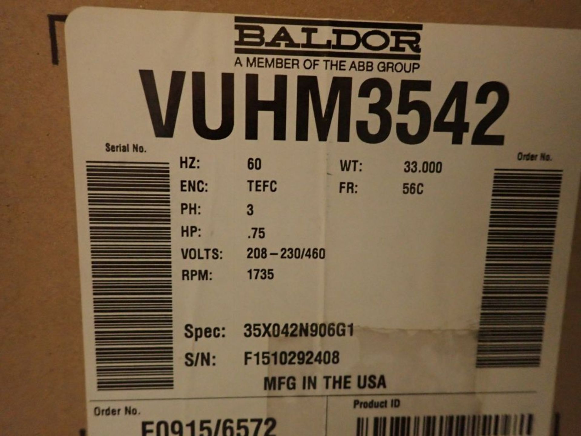 Lot of (3) Baldor 3/4 HP Motors - Part No. VUHM3542; 3/4 HP; 230/460V; 1735 RPM; Frame: 56C; 3PH; - Image 15 of 15