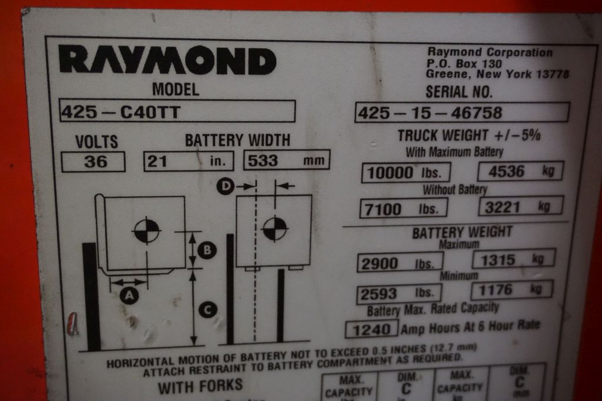 Raymond 425 C40TT Docker Stand Up Electric Forklift - Model No. 425-C40TT; Serial No. 425-15- - Image 12 of 17