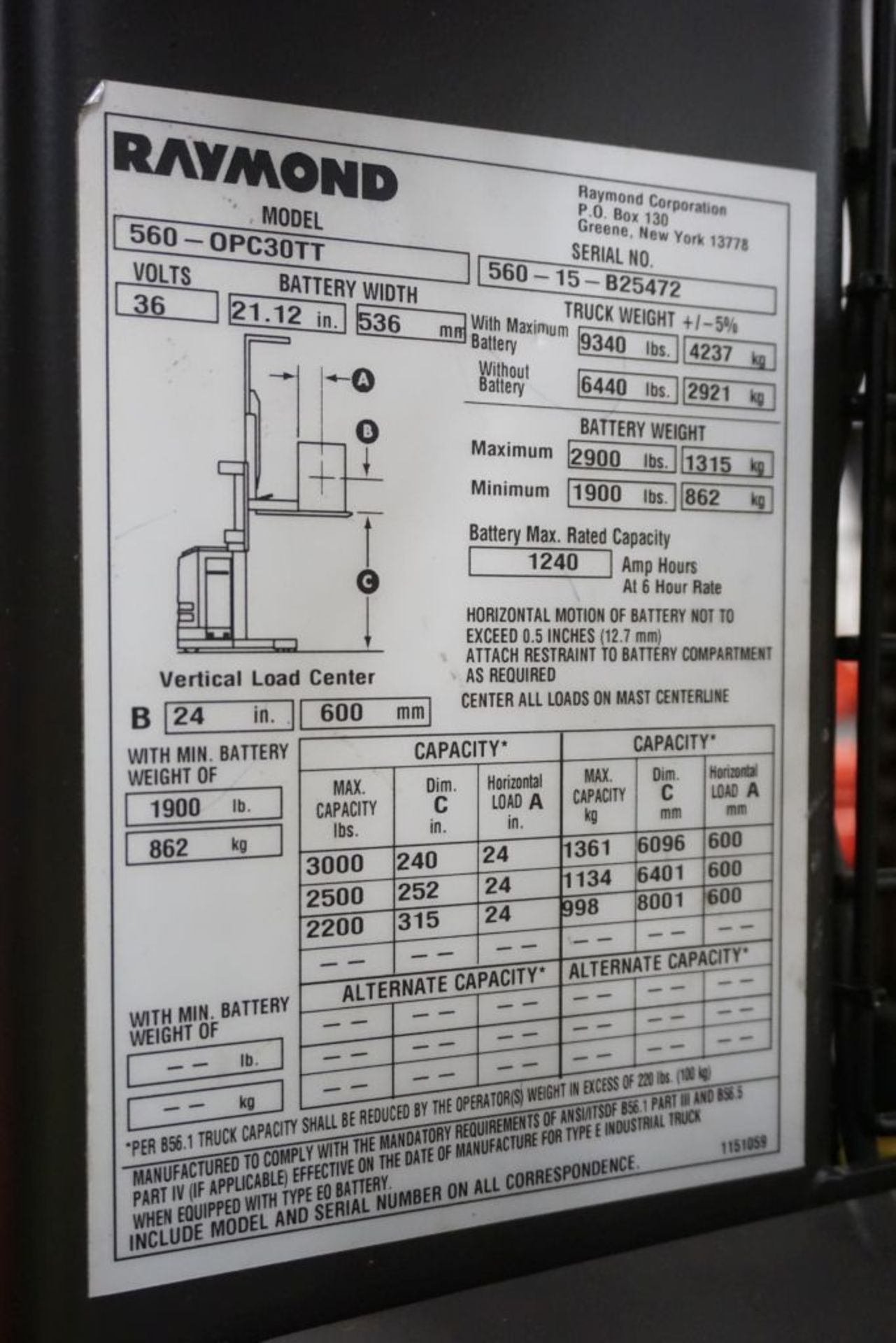 Raymond 5600 Order Picker Forklift - Model No. 560-OPC30TT; Serial No. 560-15-B25472; 36V; 3,000 - Image 17 of 21