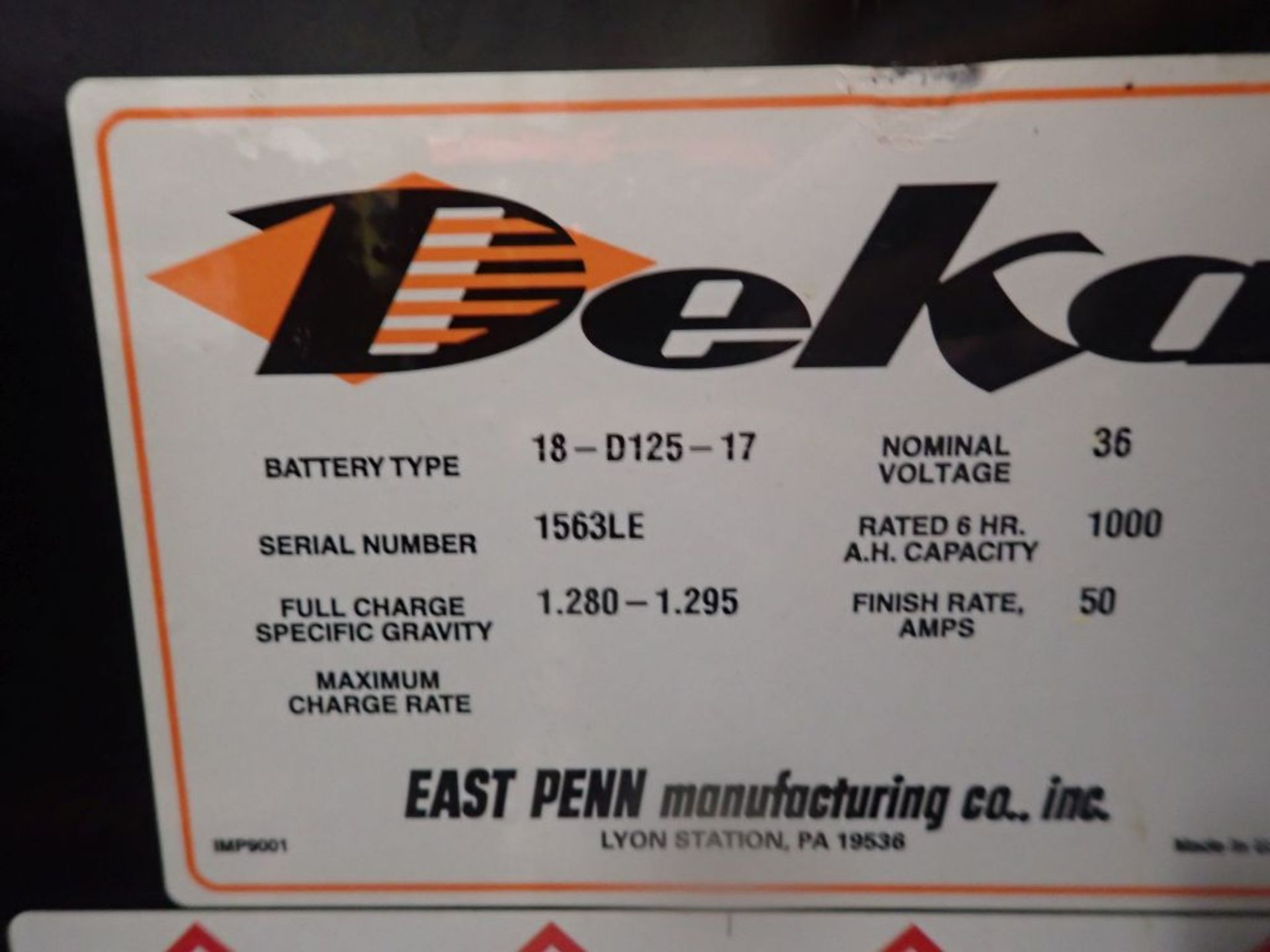 Deka 36V Forklift Battery - 36V; Type 18-D125-17; Tag: 221299; Lot Loading Fee: $30 - Image 3 of 3