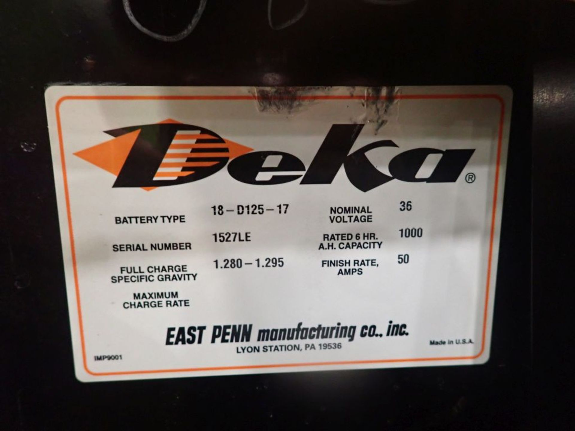 Deka 36V Forklift Battery - 36V; Type 18-D125-17; Tag: 218363; Lot Loading Fee: $30 - Image 3 of 4