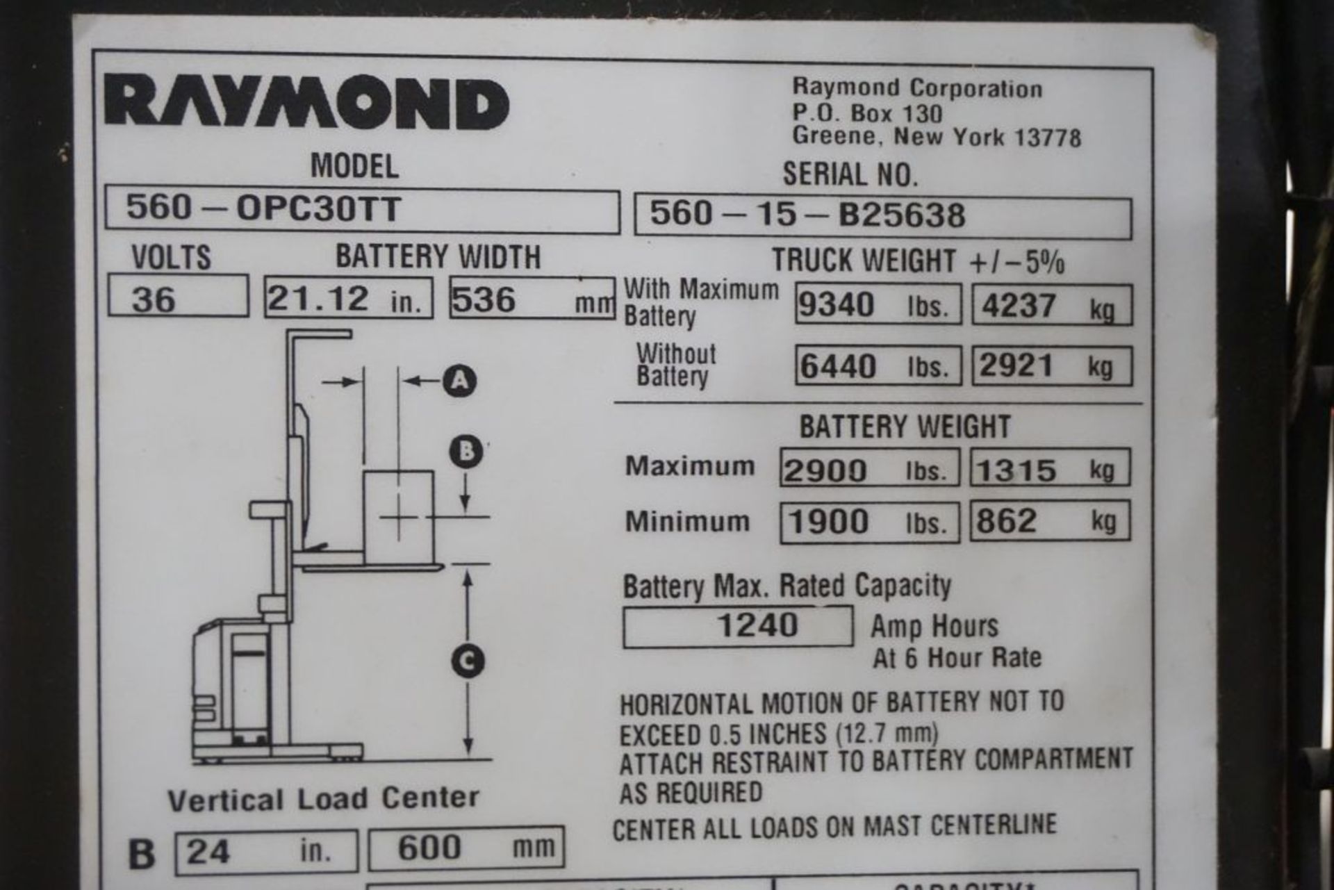 Raymond 5600 Order Picker Forklift - Model No. 560-OPC30TT; Serial No. 560-15-B25638; 36V; 3,000 - Image 17 of 22