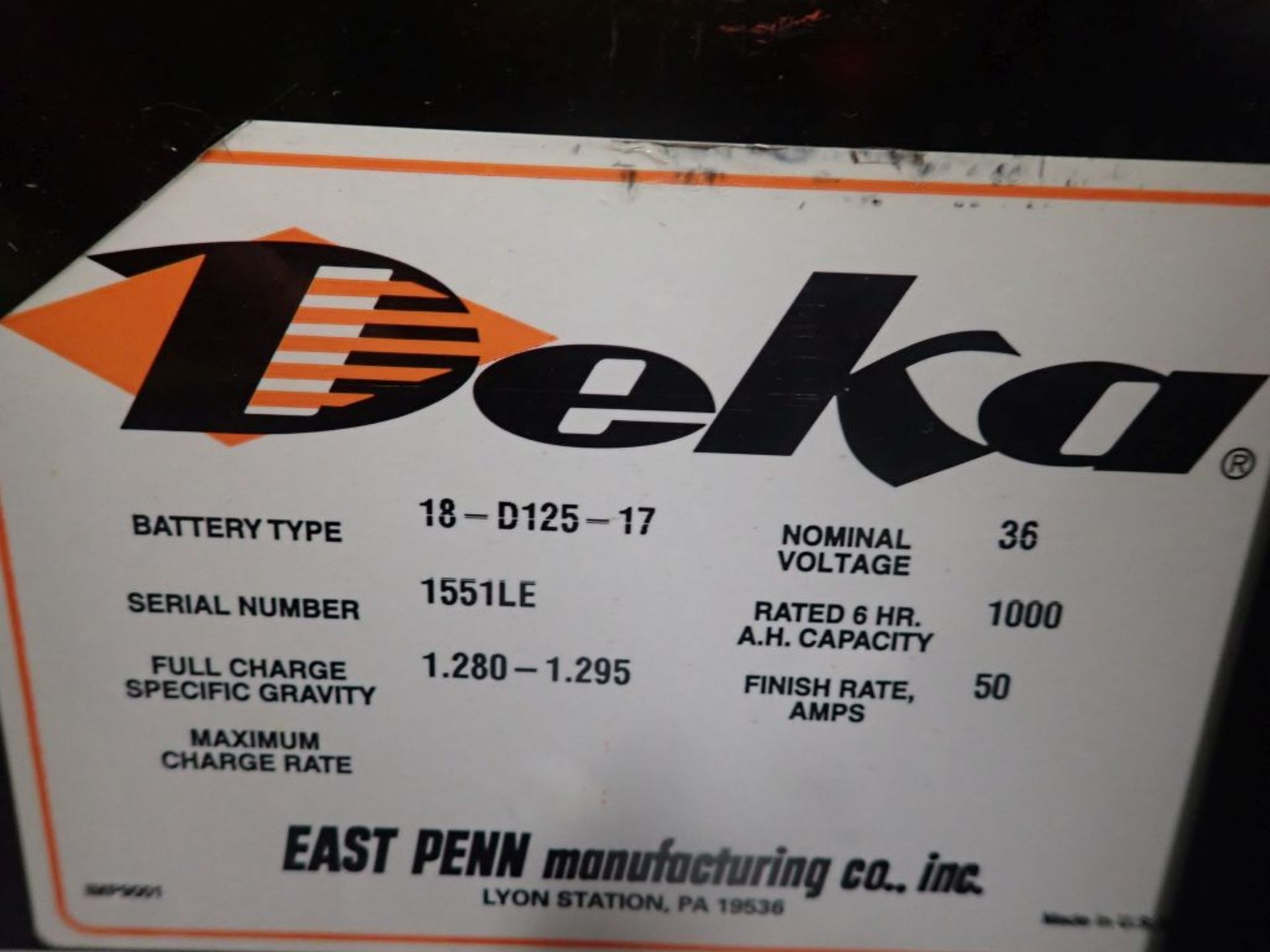 Deka 36V Forklift Battery - 36V; Type 18-D125-17; Tag: 221257; Lot Loading Fee: $30 - Image 3 of 4