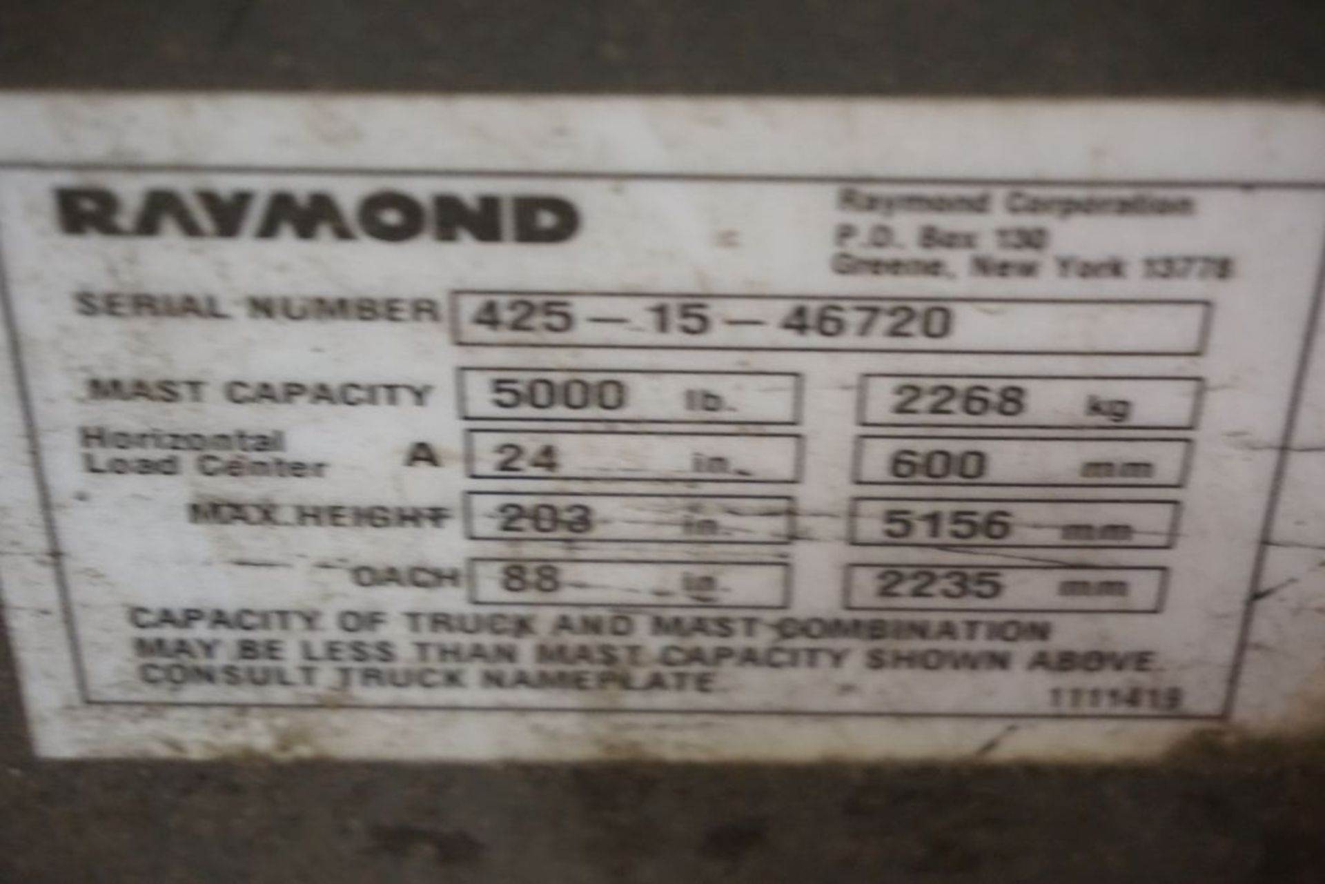 Raymond 425 C40TT Docker Stand Up Electric Forklift - Model No. 425-C40TT; Serial No. 425-15- - Image 17 of 22