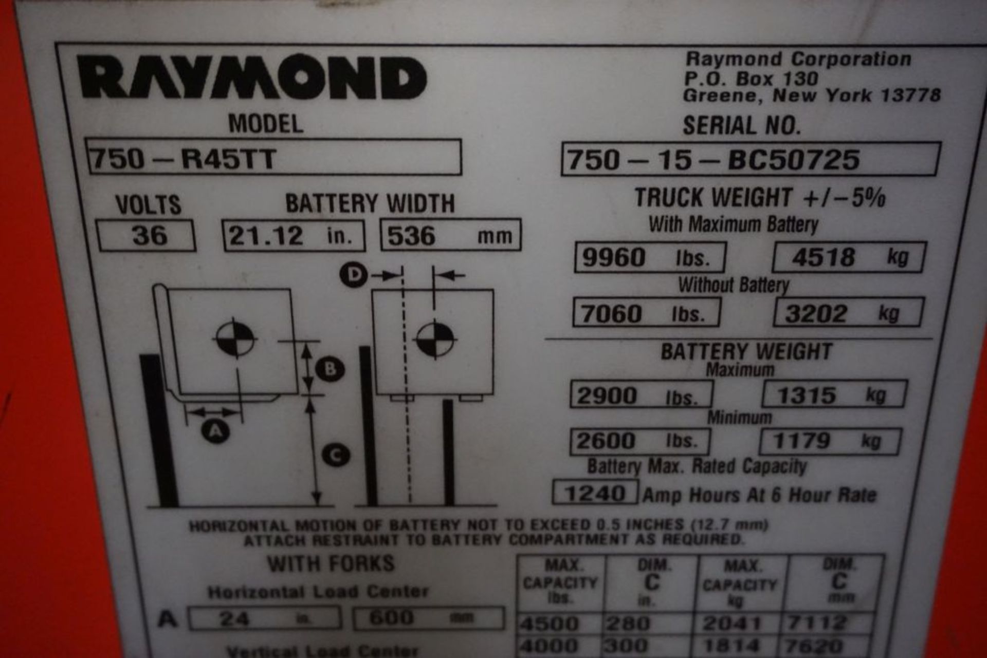 Raymond 7500 Universal Stance Reach Forklift - Model No. 750-R45TT; Serial No. 750-15-BC50725; - Image 17 of 19