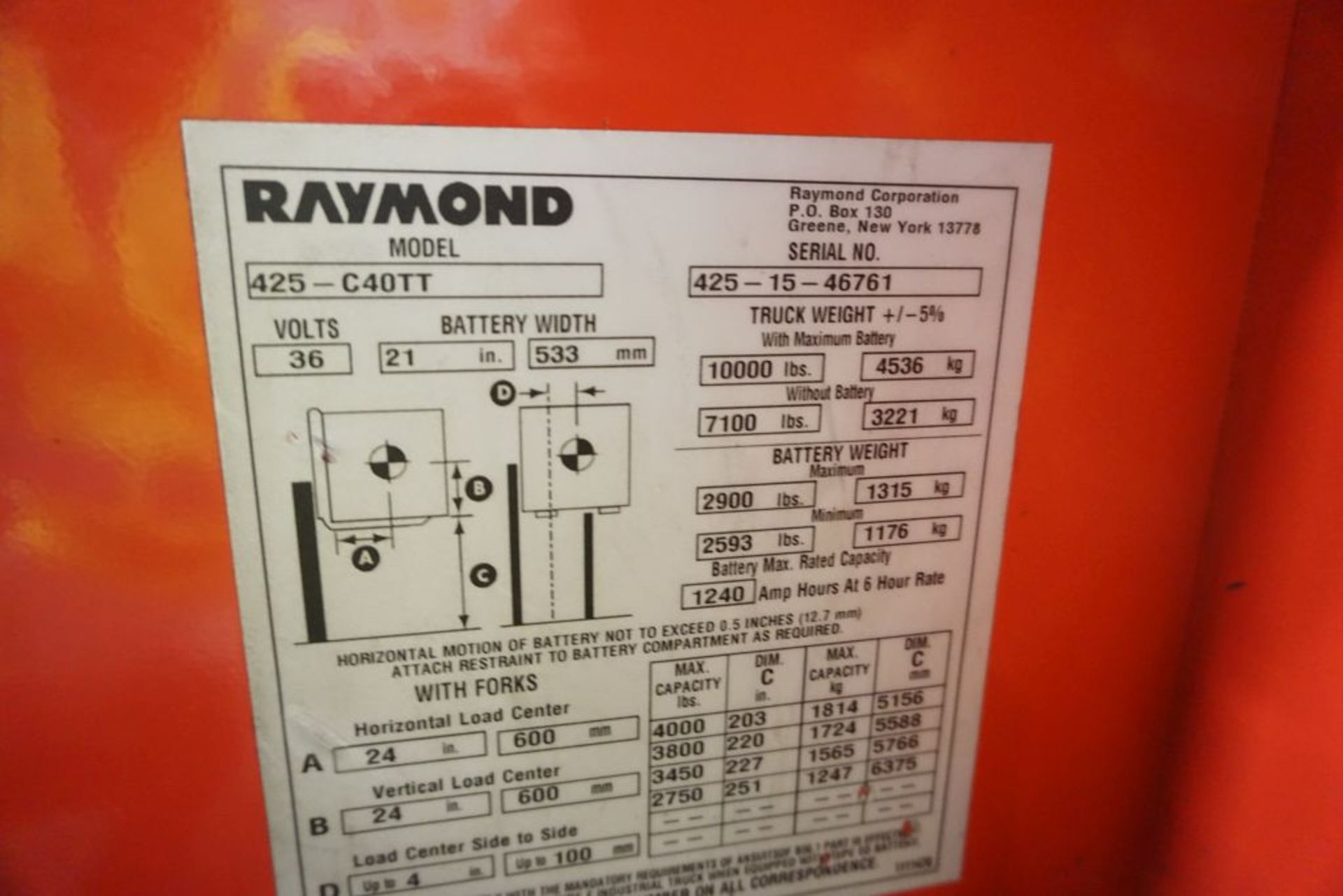 Raymond 425 C40TT Docker Stand Up Electric Forklift - Model No. 425-C40TT; Serial No. 425-15- - Image 27 of 36