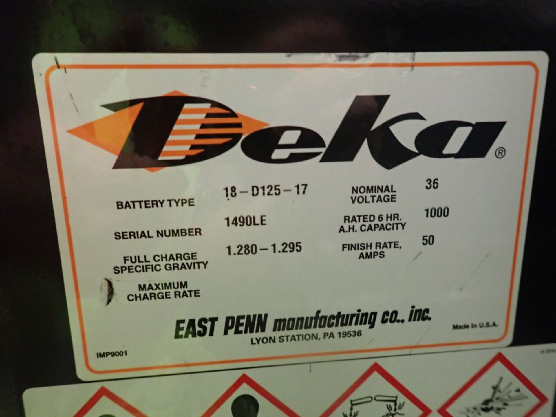 Deka 36V Forklift Battery - 36V; Type 18-D125-17; Tag: 221251; Lot Loading Fee: $30 - Image 4 of 4