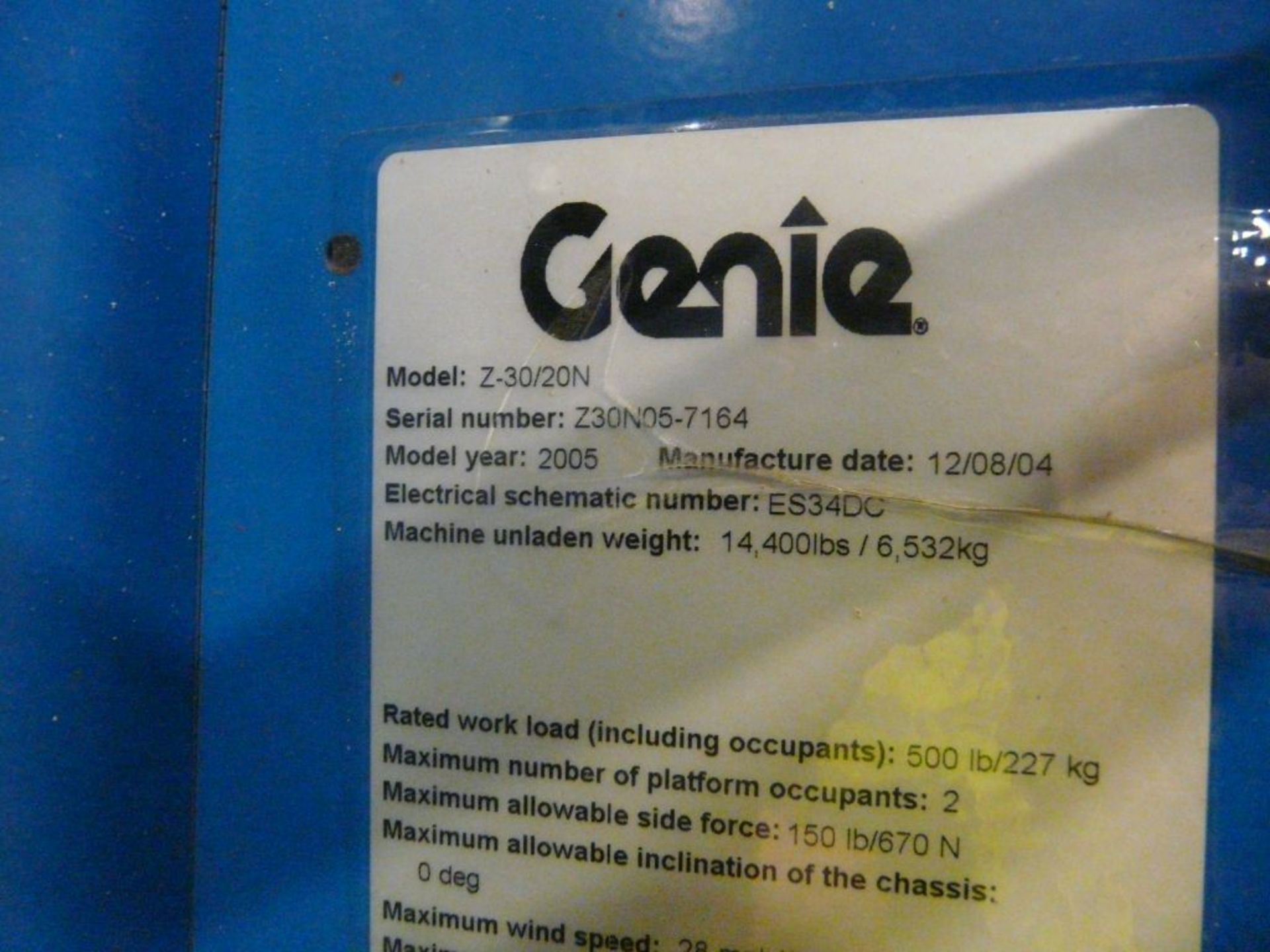 Genie 2005 Boom Lift - Model No. Z-30/20N; Serial No. Z30N05-7164; 14,400 lbs; 30; Platform - Image 5 of 11