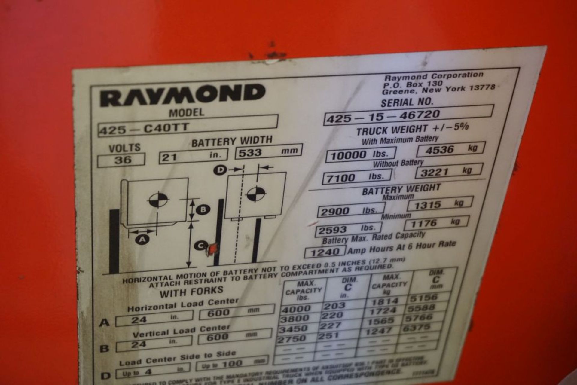 Raymond 425 C40TT Docker Stand Up Electric Forklift - Model No. 425-C40TT; Serial No. 425-15- - Image 14 of 22