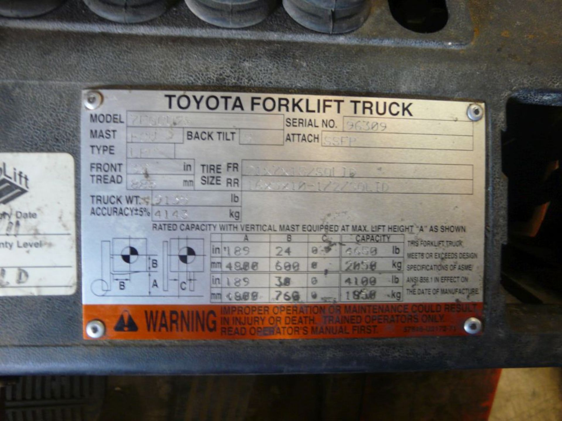 Toyota Propane Pro Forklift - Model No. 7FGCU25; Serial No. 96309; 4' Long Forks; 11102 Hours; - Image 6 of 8