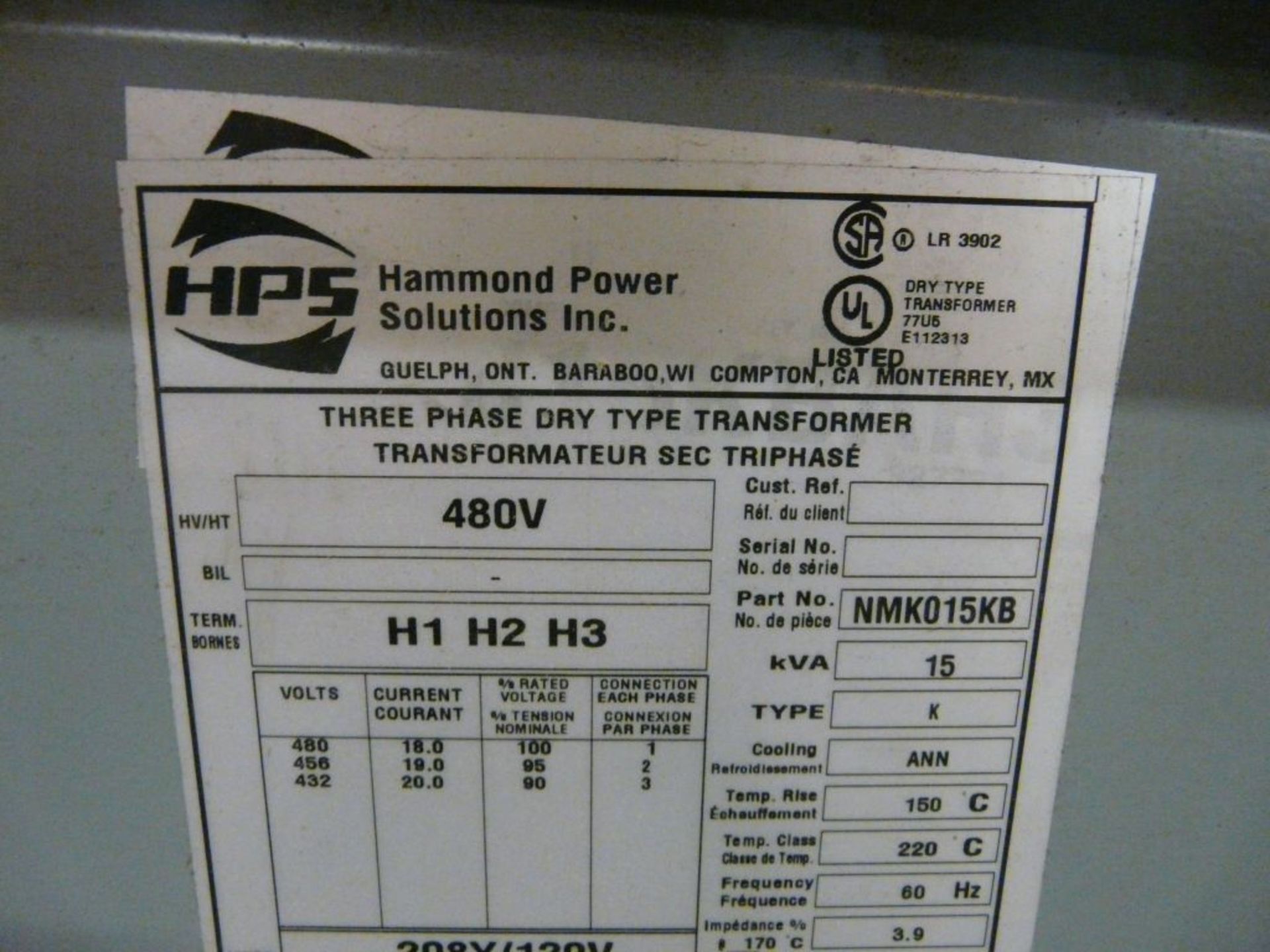 HPS Transformer - Part No. NMK015KB; 480V; New Surplus; Tag: 224336 - Image 4 of 6