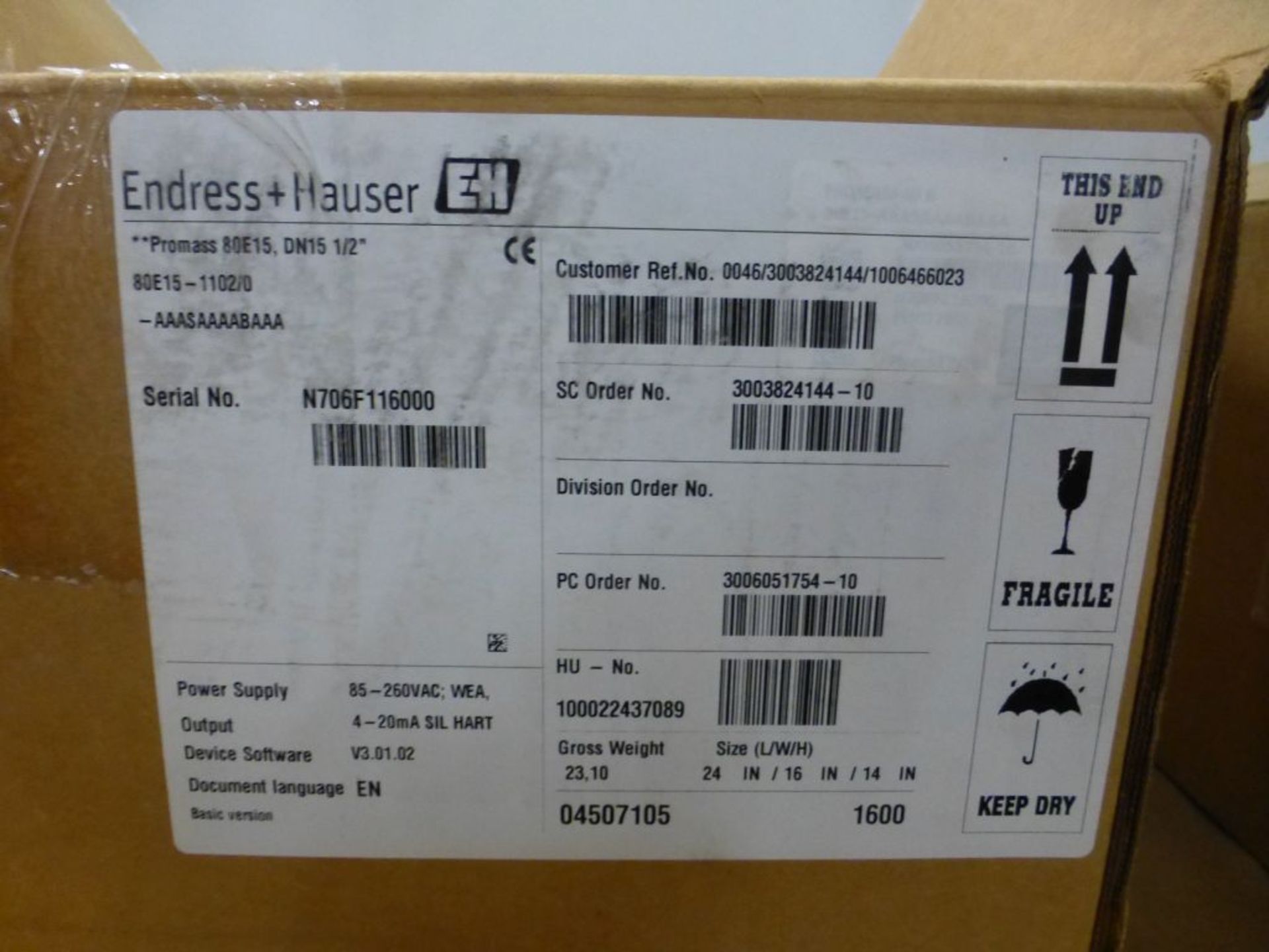 Endress Hauser Promass - Model No. 80E15-1102/0; 85-260 VAC; New Surplus; Tag: 221989 - Image 3 of 5