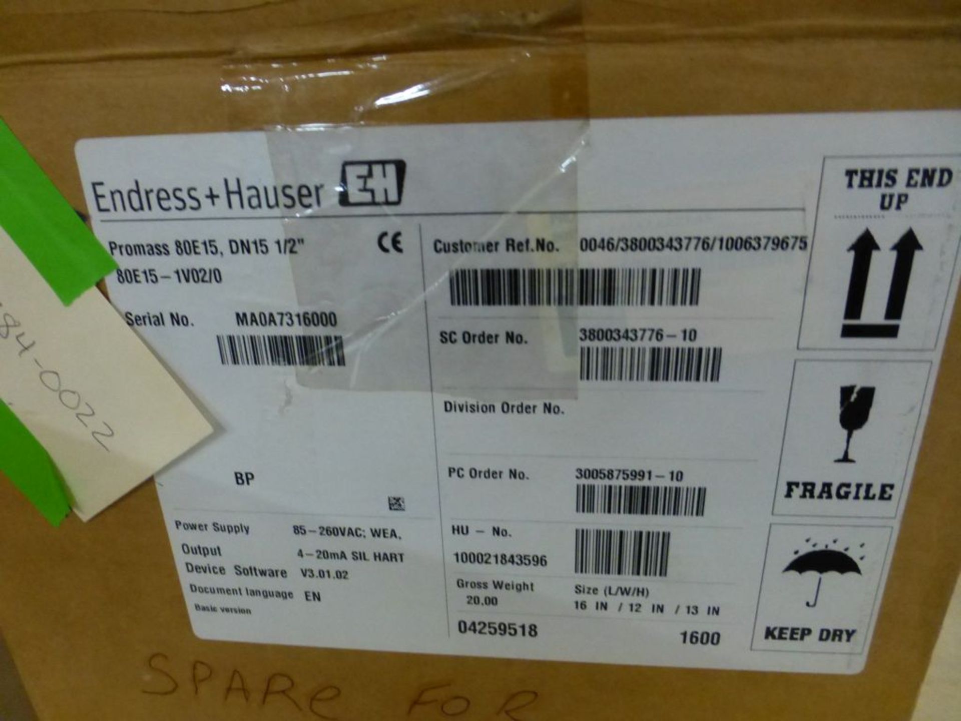 Endress Hauser Promass - Model No. 80E15-1102/0; 85-260 VAC; New Surplus; Tag: 221992 - Image 3 of 6