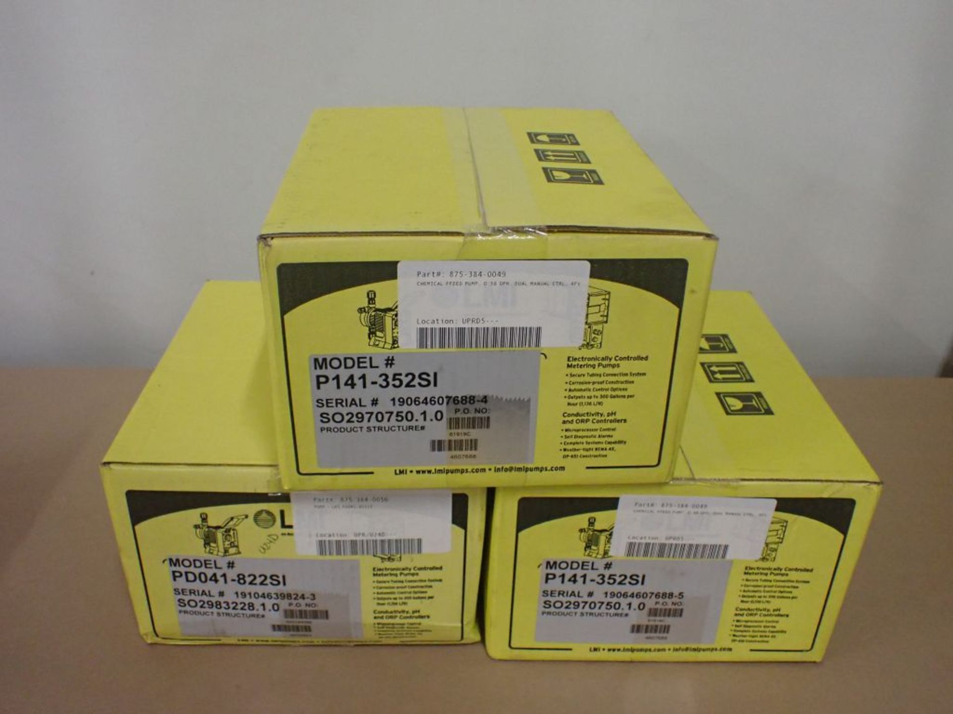 Lot of (3) LMI Chemical Feed Pumps - (2) Part No. P141-352SI; (1) Part No. PD041-822SI; New Surplus;