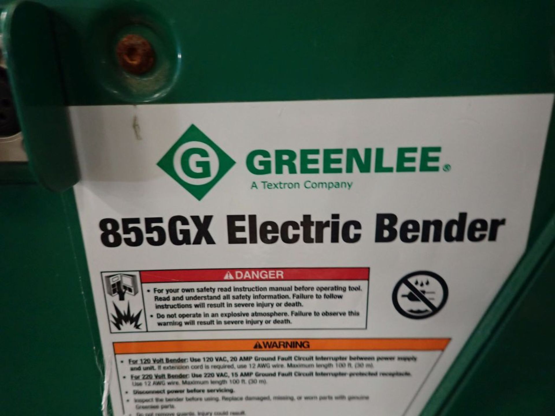 Greenlee Electric Bender|Model No. 855GX; 18A; 120V; Tag: 225763 - Image 9 of 14