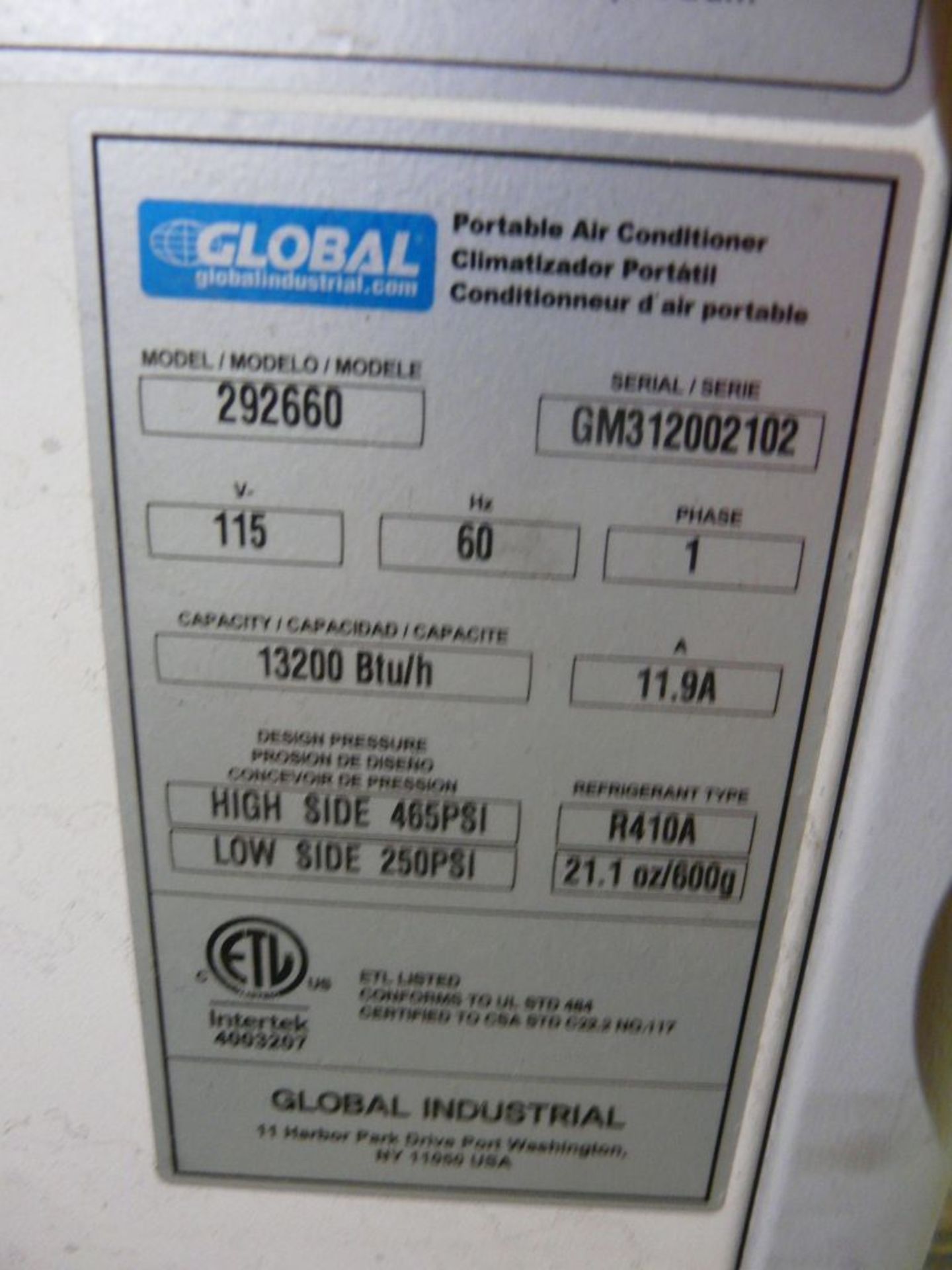 Global Portable Air Conditioner|Model No. 292660; 11.9A; 115V; 1PH; Tag: 225162 - Image 6 of 6
