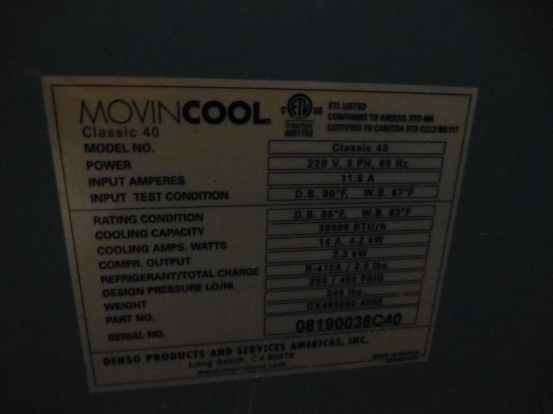 Movincool Classic 40 Air Conditioner|Model No. B29975; 220V; 3PH; Tag: 225194 - Image 5 of 5