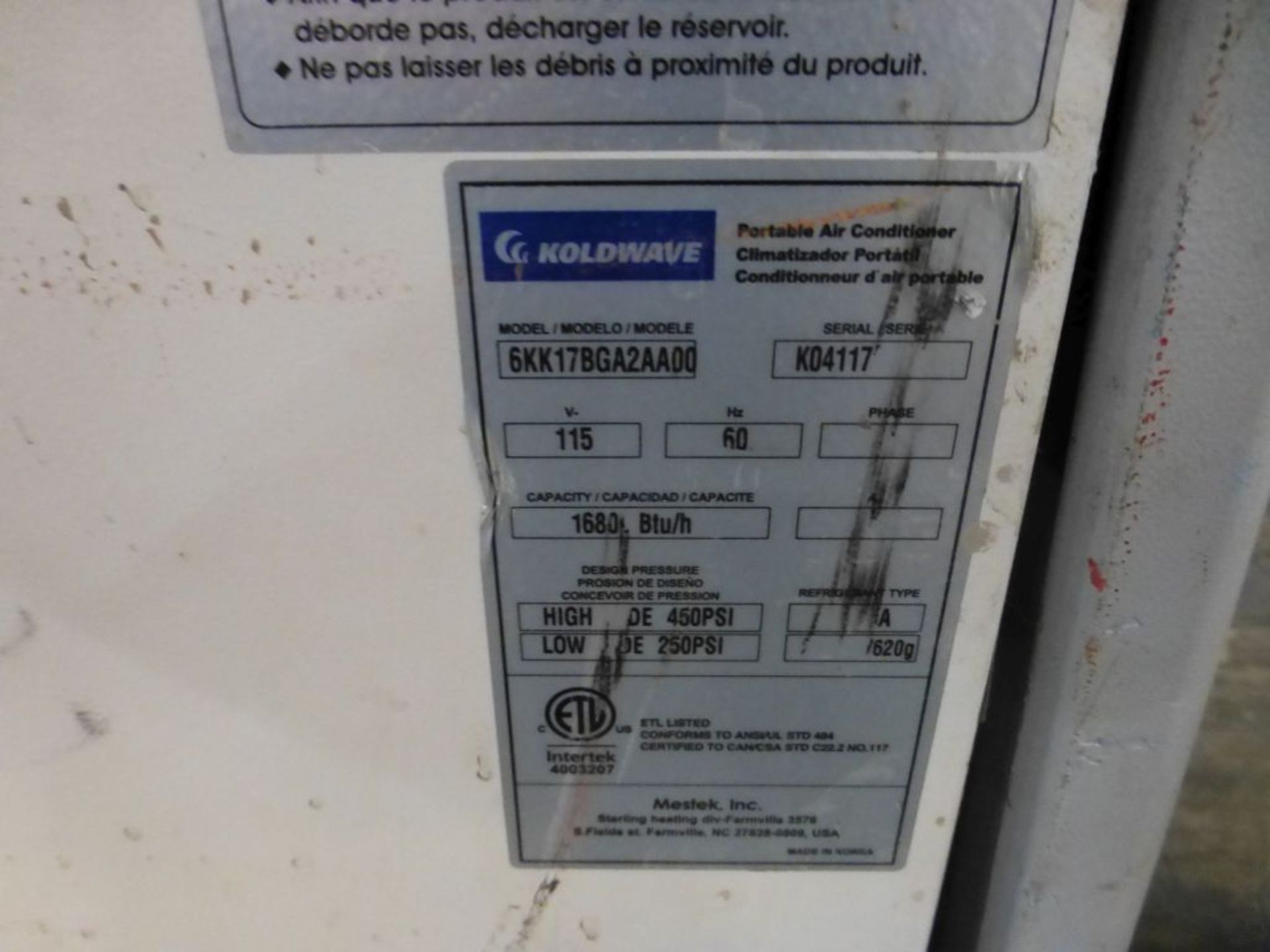 Koldwave Portable Air Conditioner|Model No. 6KK17BGA2AA00; 15.7A; 115V; 1PH; Tag: 225193 - Image 5 of 5