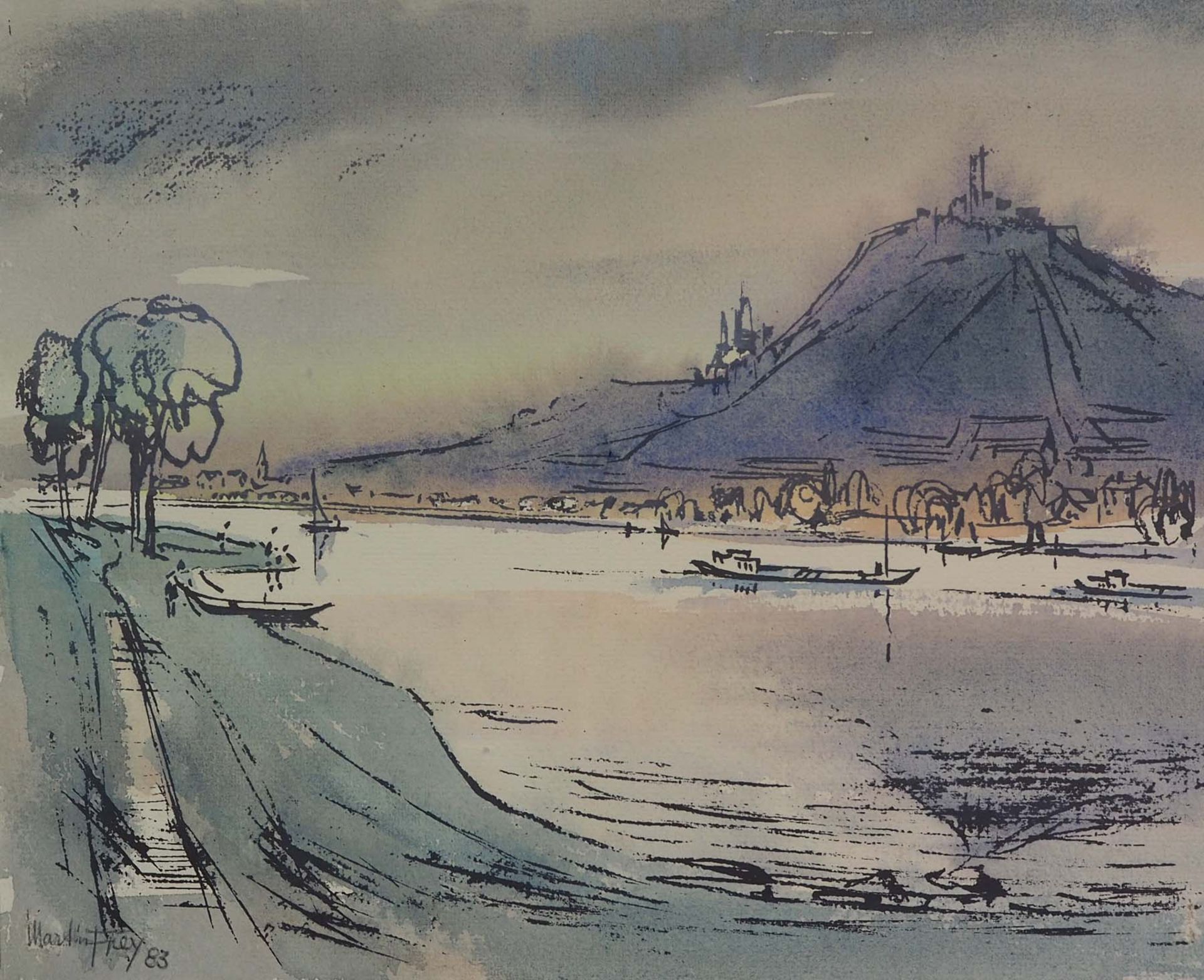 FREY, Martin (*1907 +1991), Aquarell, Blick über den Rhein auf den Drachenfels,