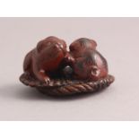 NETSUKE ZWEI WELPEN, Holz, partiell