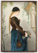 <de>PORZELLANBILD, auf Glasur farbige Hausmalerei eines andächtigen Mädchens vor Madonnenstatue nach