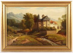 <de>MALER 2.H.19.JH., "Landschaft mit Burg", Öl/Lwd., 39 x 60, doubliert, unten rechts unleserlich s