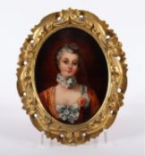 <de>MINIATUR "MADAME POMPADOUR", farbige Emailmalerei nach F. Boucher, unten rechts bez., goldfarben