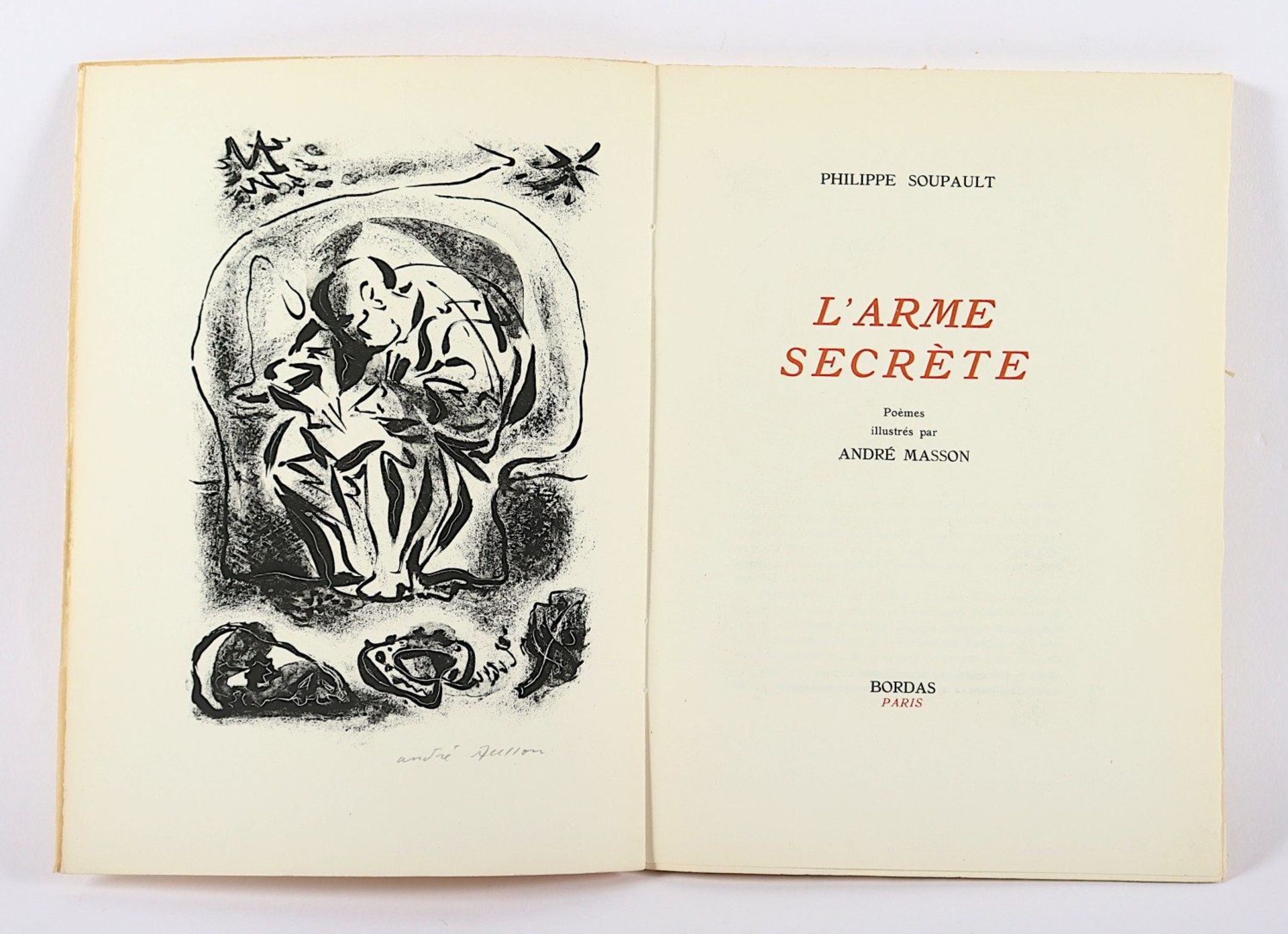 <de>MASSON, André, "L'arme secrète", Buchband, Bordas, Paris, 1946, mit einer signierten Lithografie