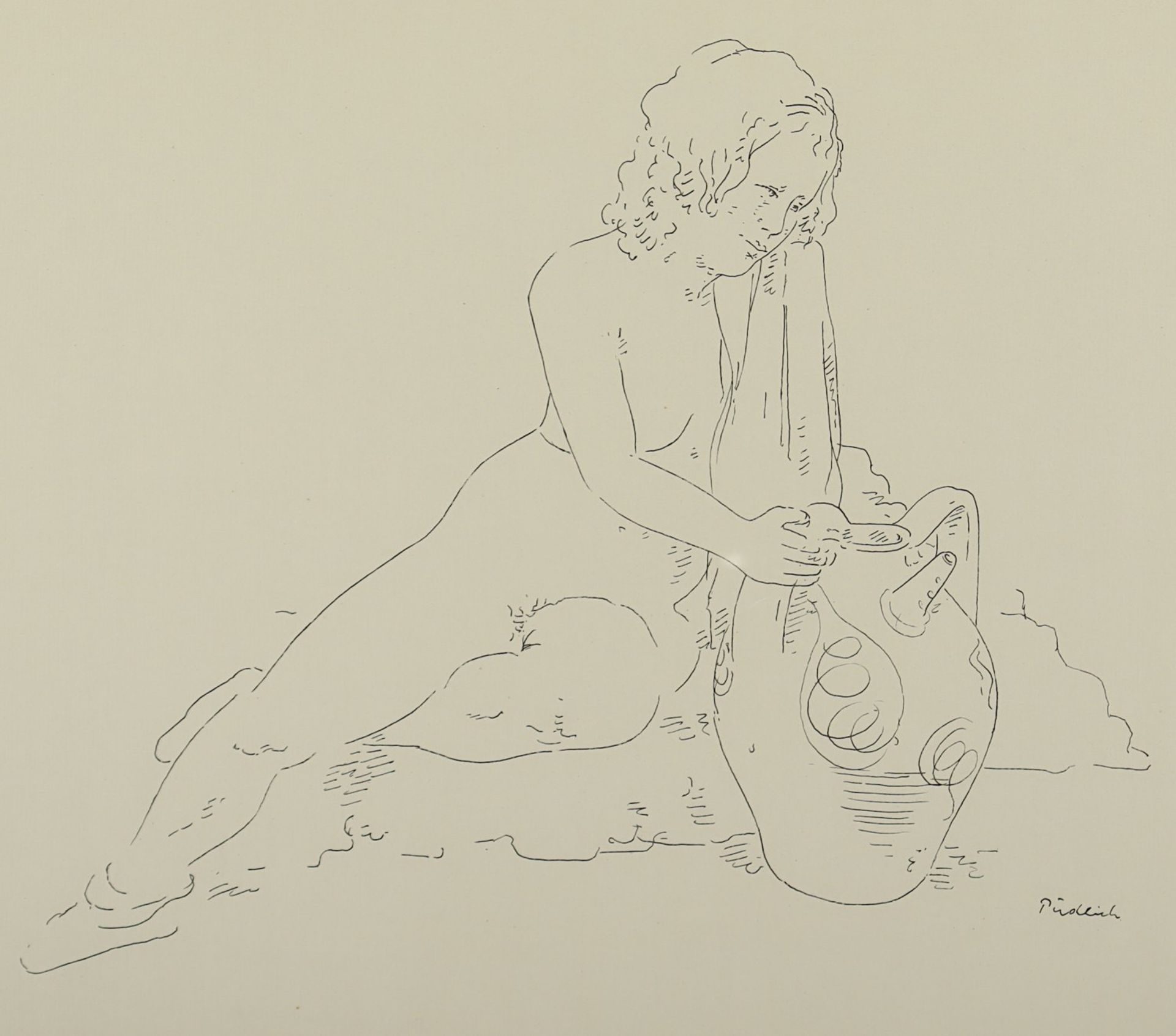 <de>PUDLICH, Robert, "Frauenakt beim Wasserholen", Tinte, Feder/Papier, 37 x 53 (Passepartoutausschn - Bild 2 aus 2