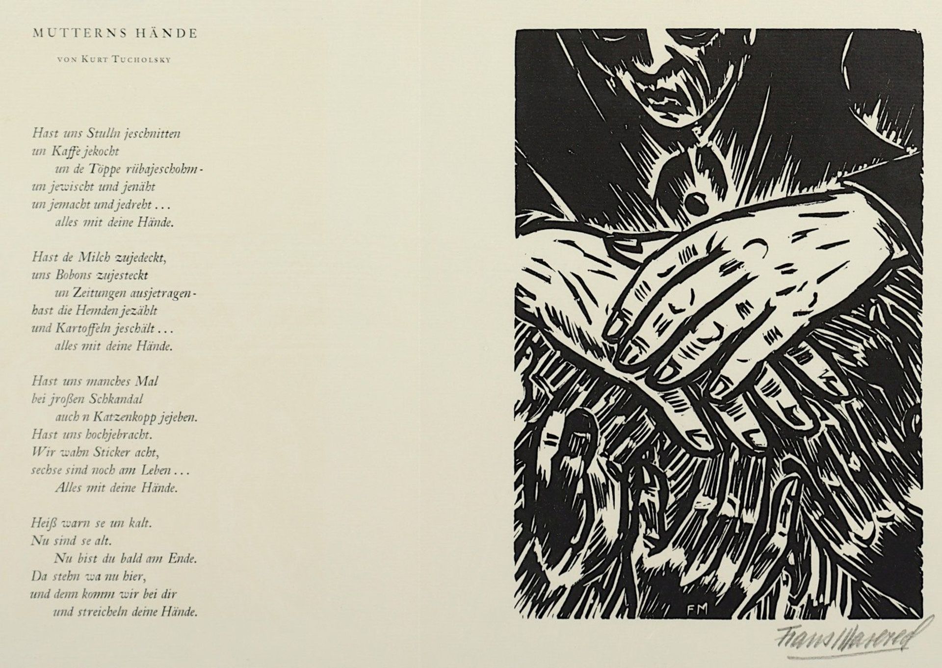 <de>MASEREEL, Frans, "Mutterns Hände", nach Tucholsky, Original-Holzschnitt, 20 x 14, handsigniert, 