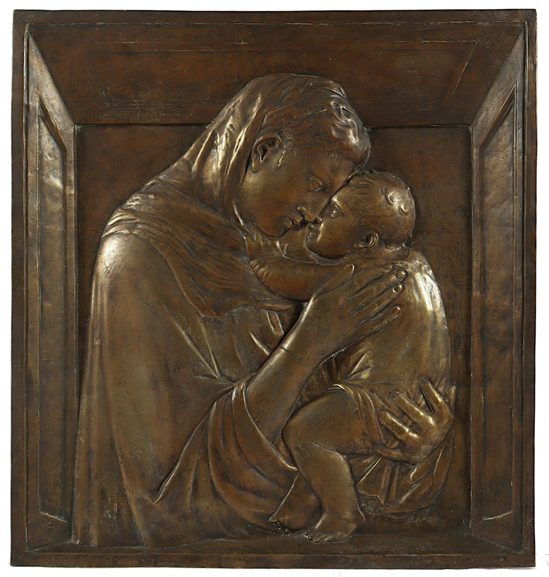 <de>PAZZI MADONNA, Madonna mit Kind, nach DONATELLO, Bronzerelief, patiniert, 75 x 68, in Berlin (Ka