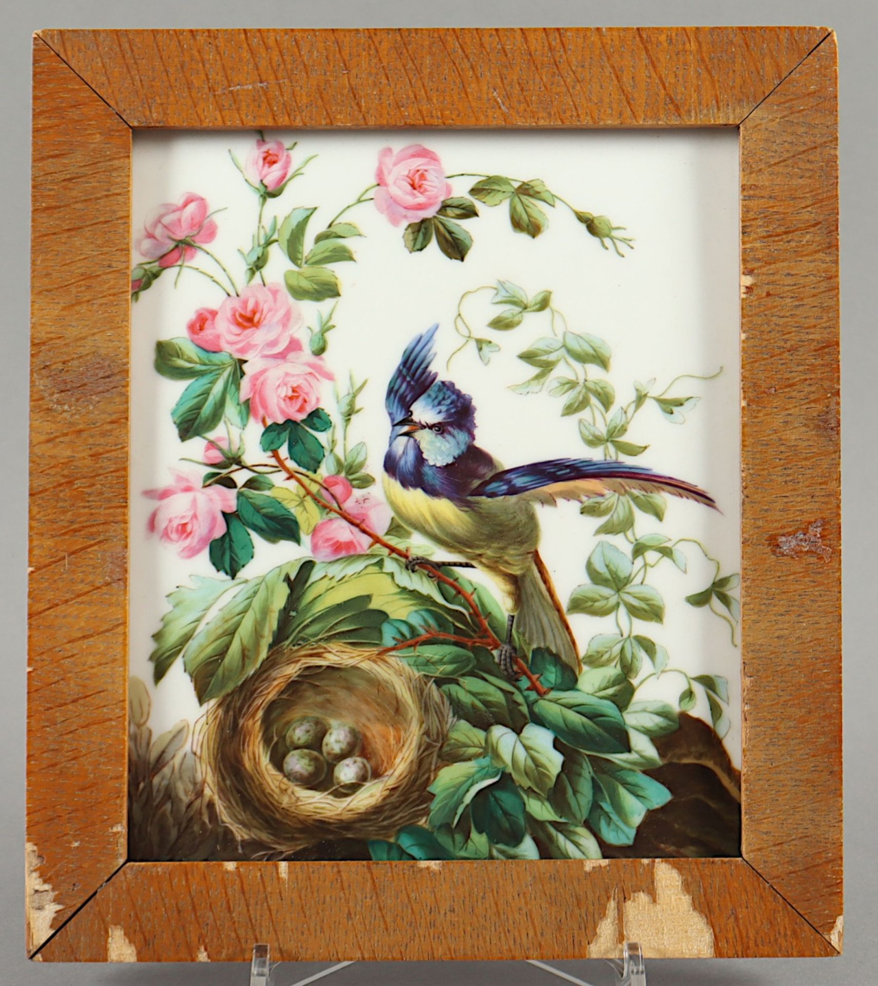 <de>BILDPLATTE "BLAUMEISE AM NEST", aufglasur farbig gemalt, Platte Carl Tielsch, 15 x 12,5, gerahmt - Bild 2 aus 3