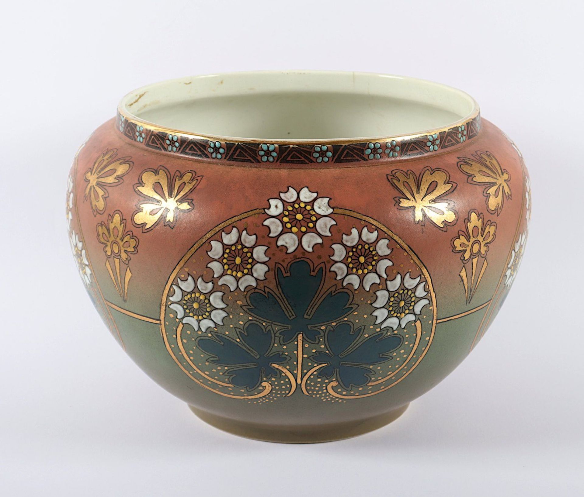 CACHEPOT, Feinsteinzeug, polychrom bemalt, Dm 34, besch, FRANKREICH, um 1900